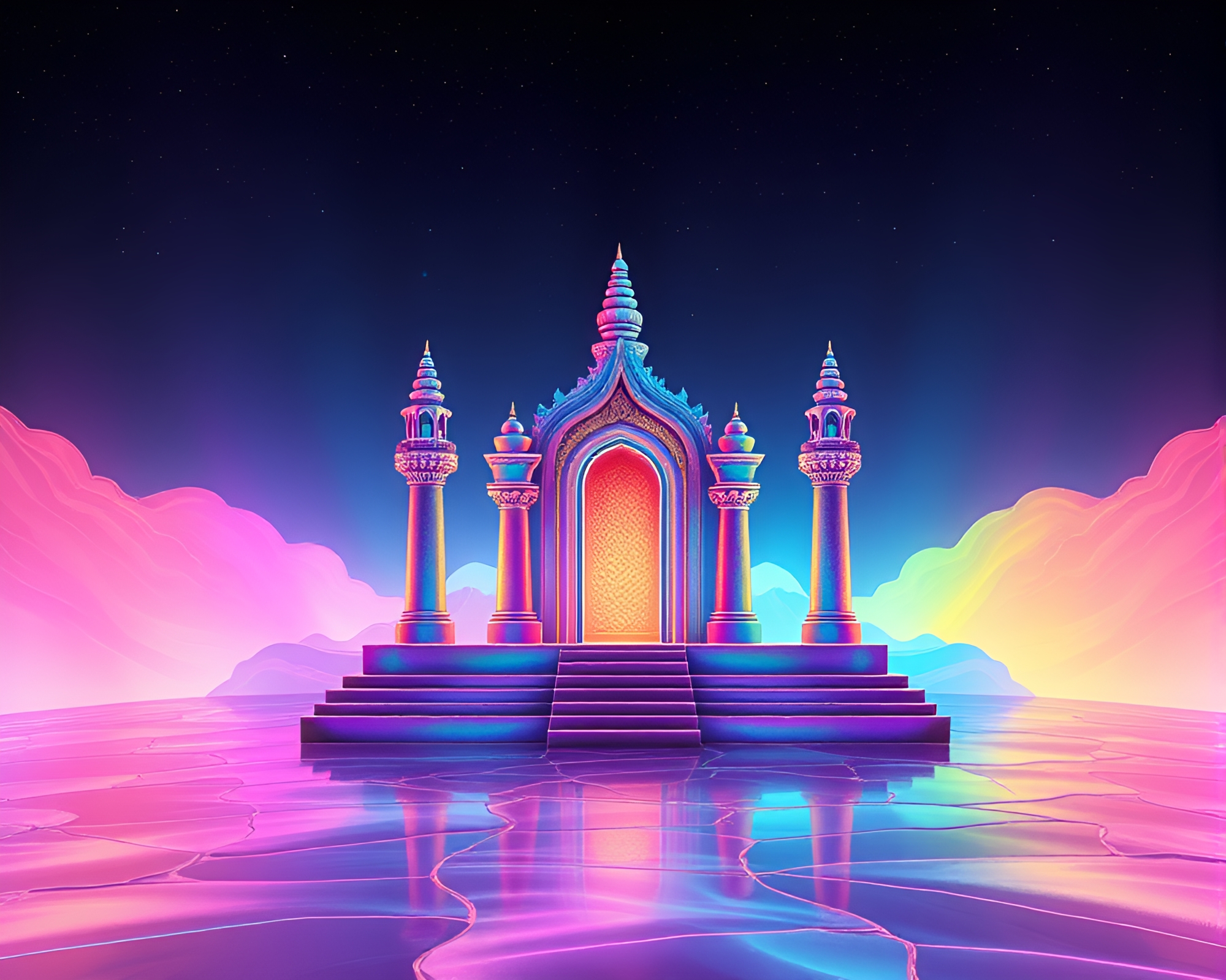 Enchanting Temple Reflecting Oil Slick Rainbow Pastels – free AI stock image