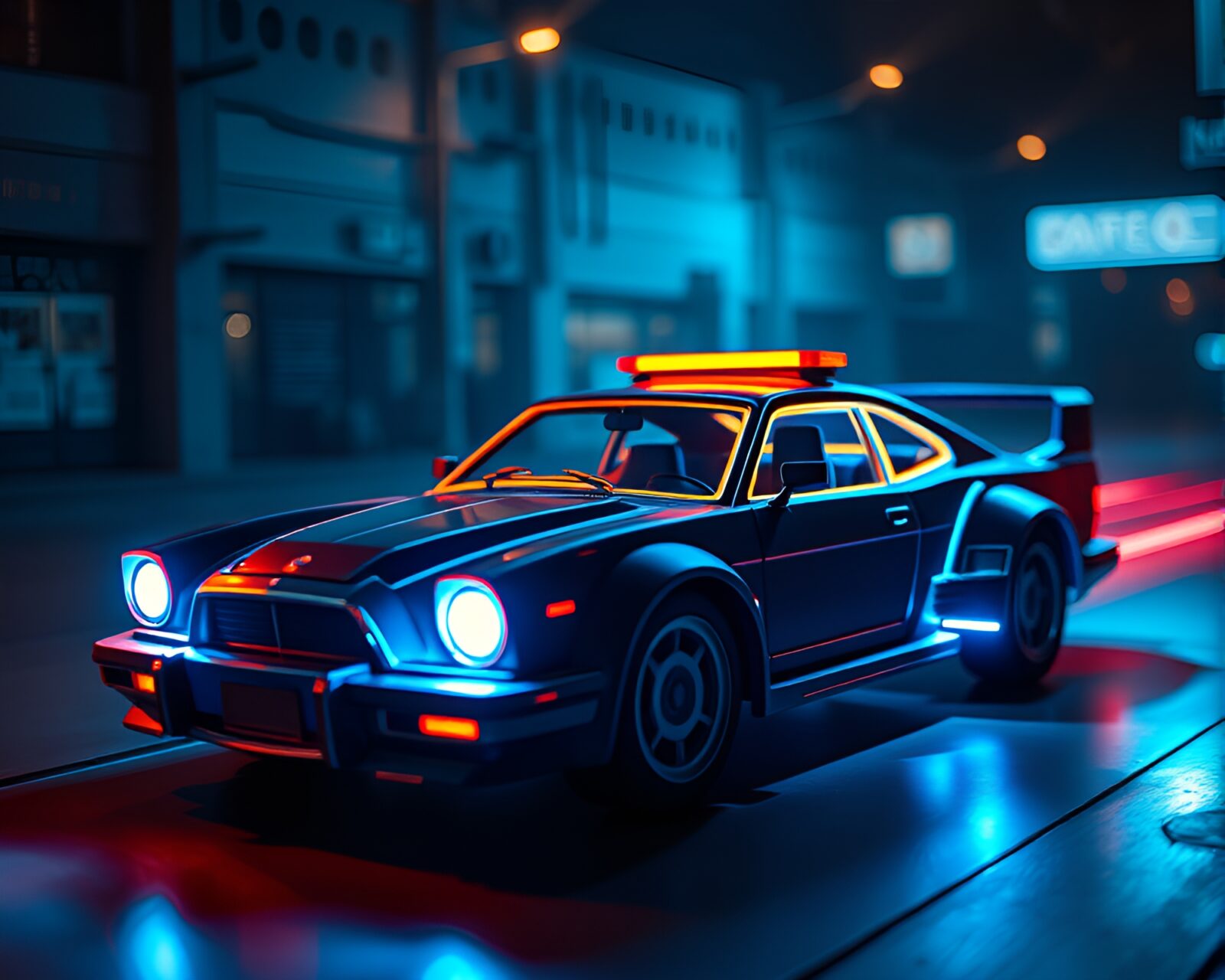 Paper cutout style image of dynamic angled hover car in dungeon setting with torchlight