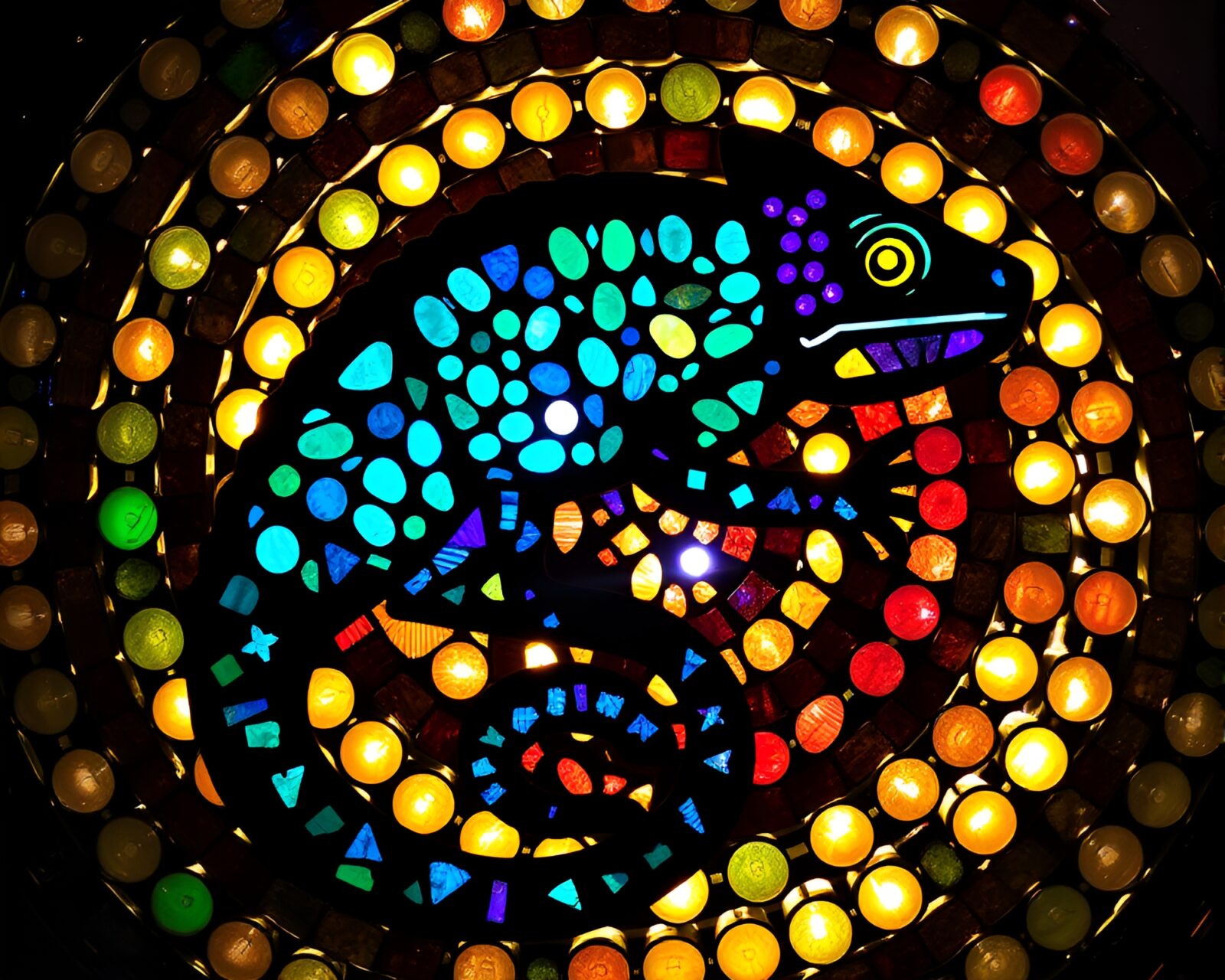 Colorful concentric circles with a chameleon in splatter art style