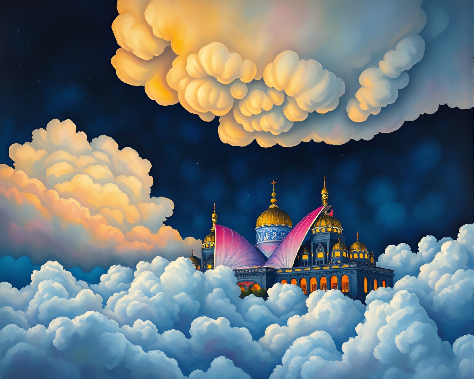 Fantastical basilisk in swirling opera-house glow sky painting