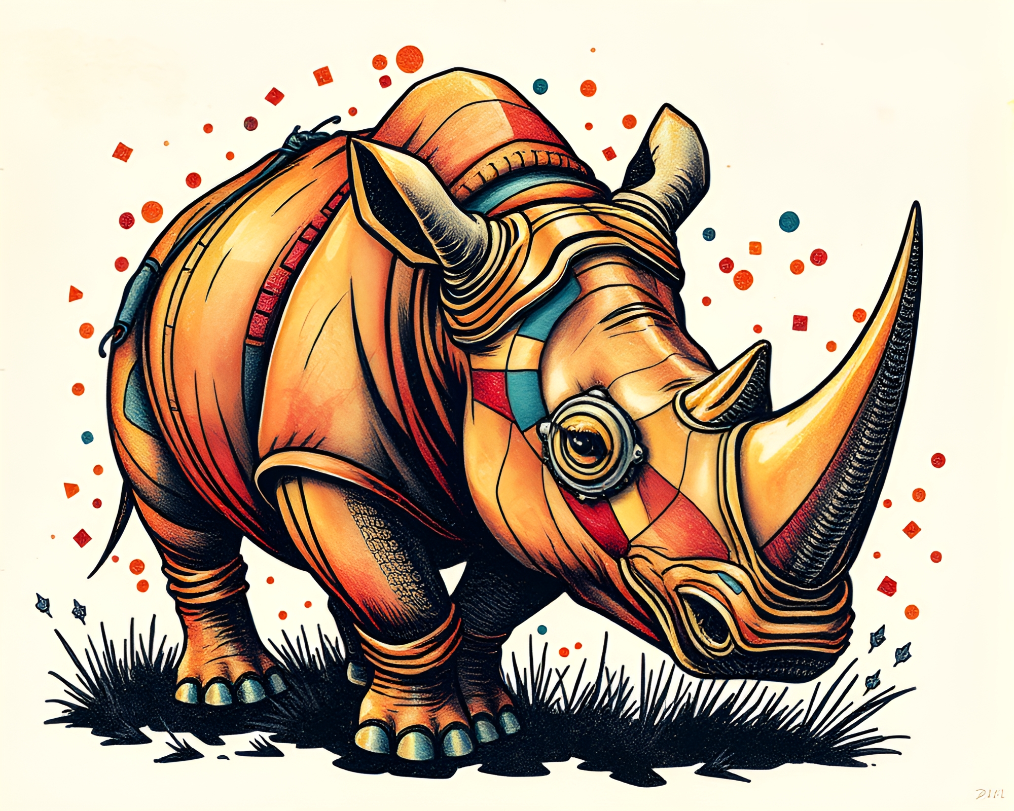 Rhinoceros Tattoo Mosaic in Grainy Film Light – free AI stock image