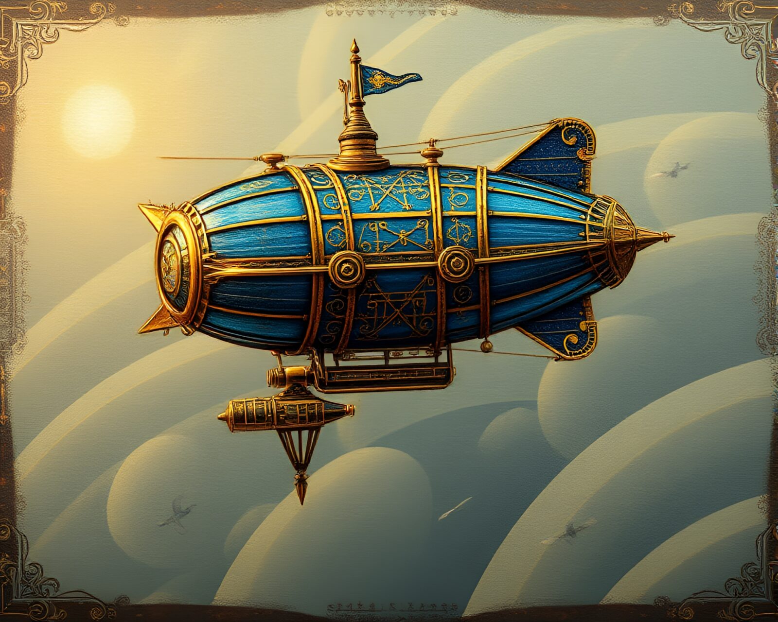 Elegant airship design in deep sapphire hues with metallic accents
