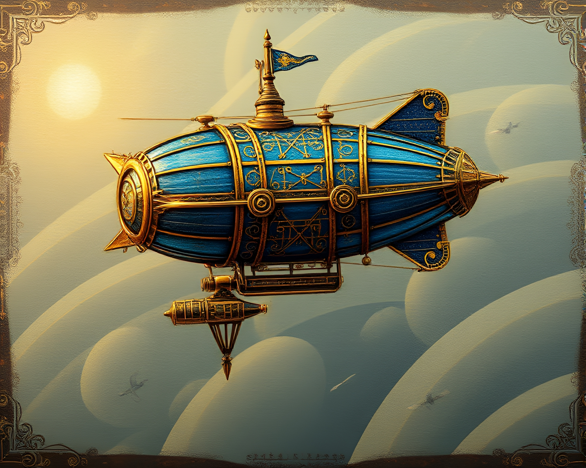 Steampunk Airship with Sapphire Tones and Foil Stamping – free AI stock image
