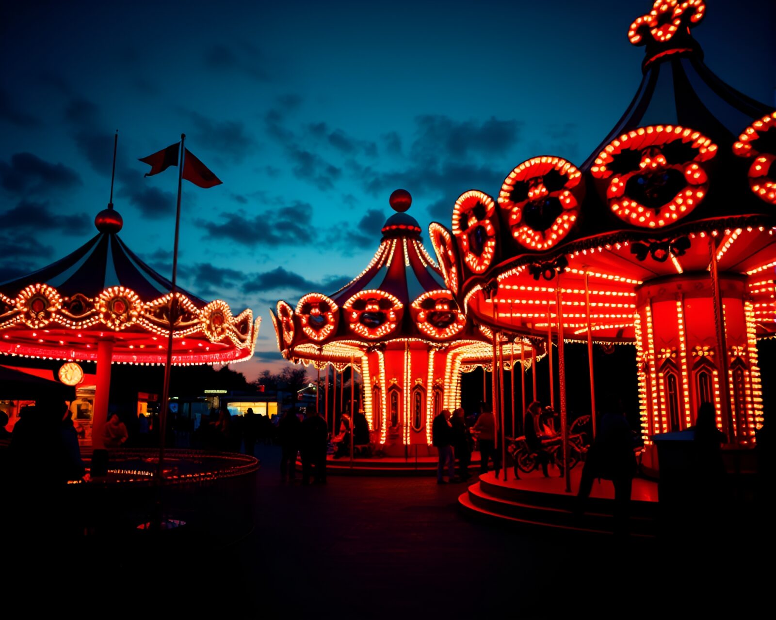 Fantastical carnival carousel with blue hour lighting and comic book art style