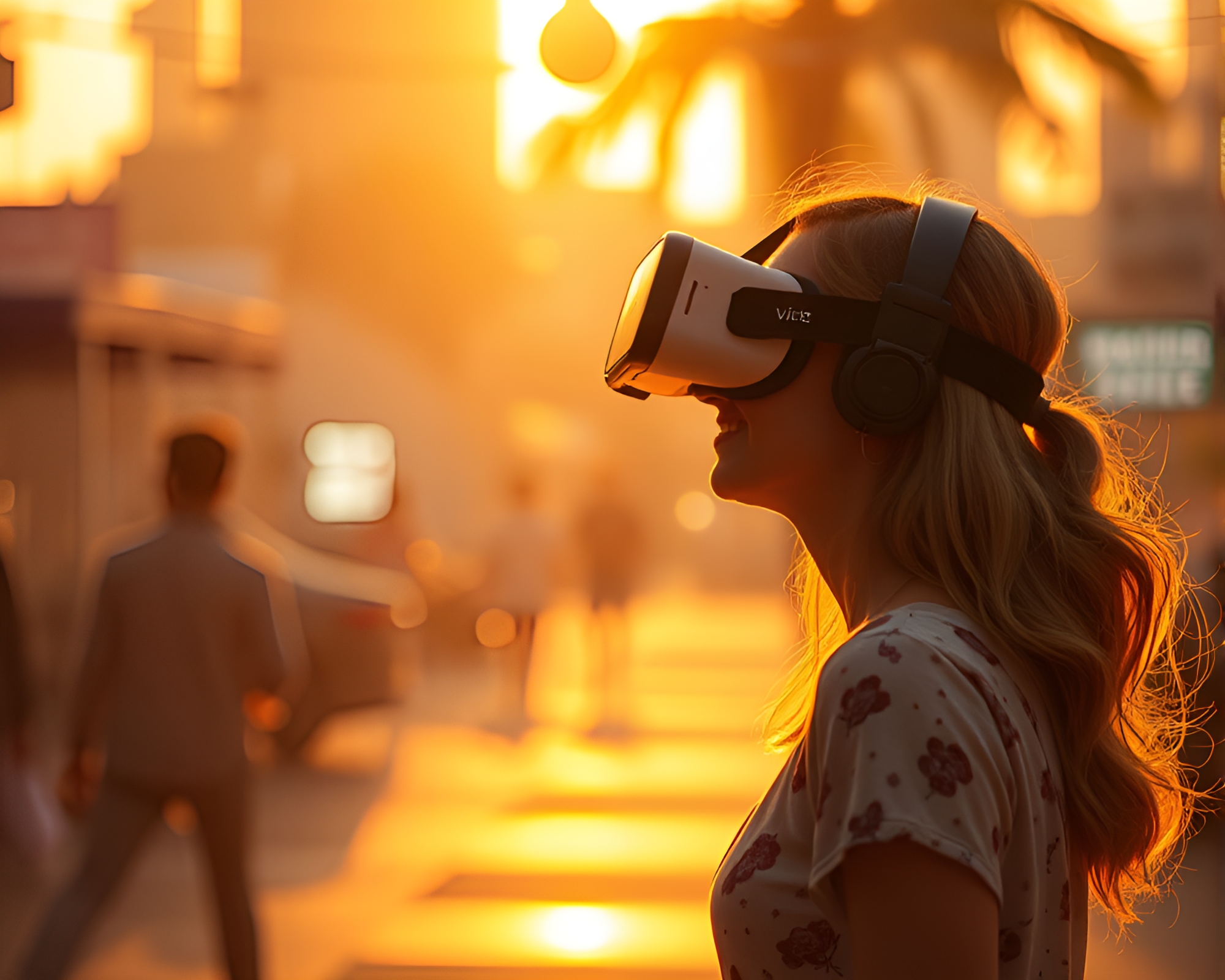 Virtual Reality Hub: Golden Hour Candid Moment – free AI stock image