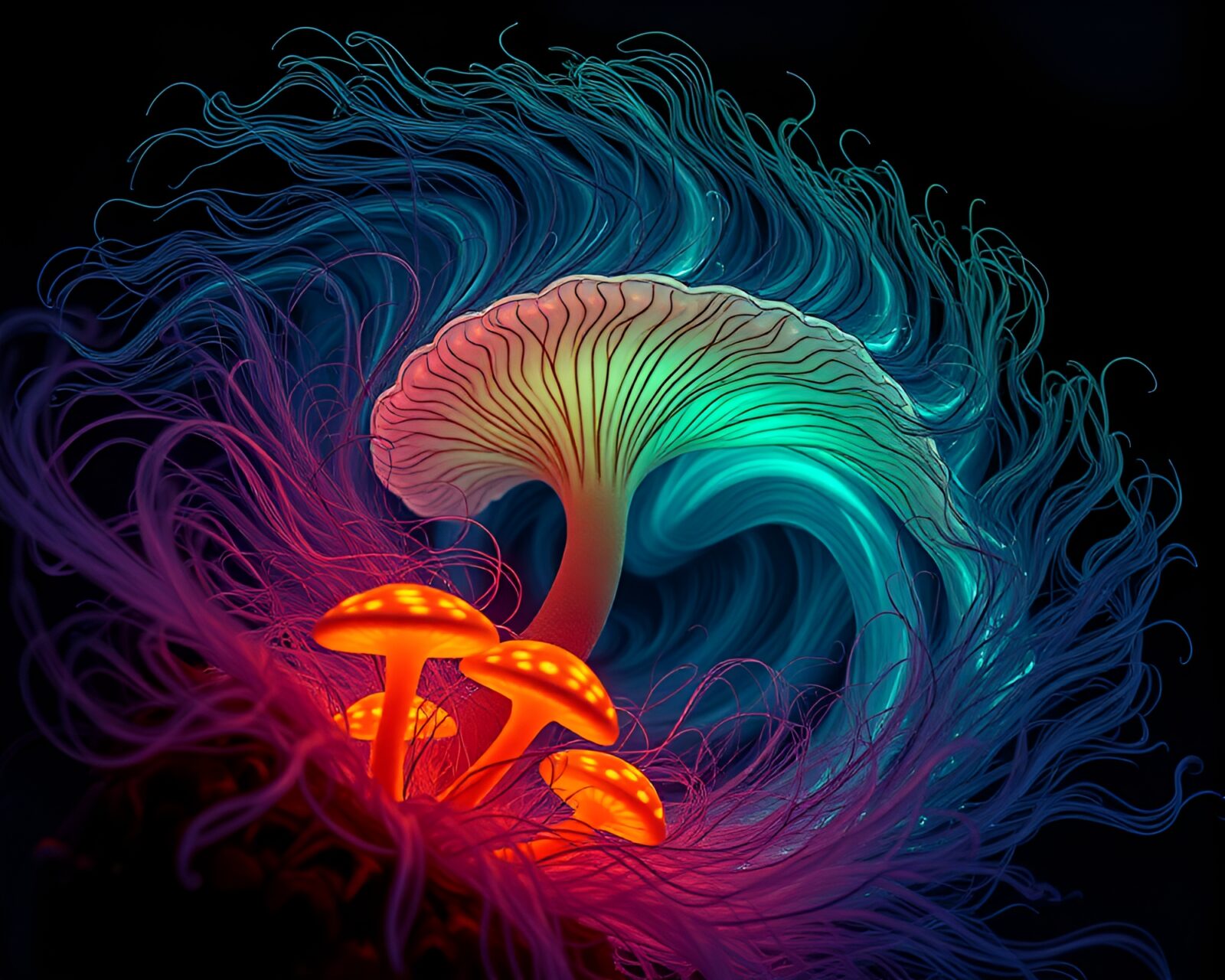 Mystical swirl of bioluminescent fungi in detailed hair strands