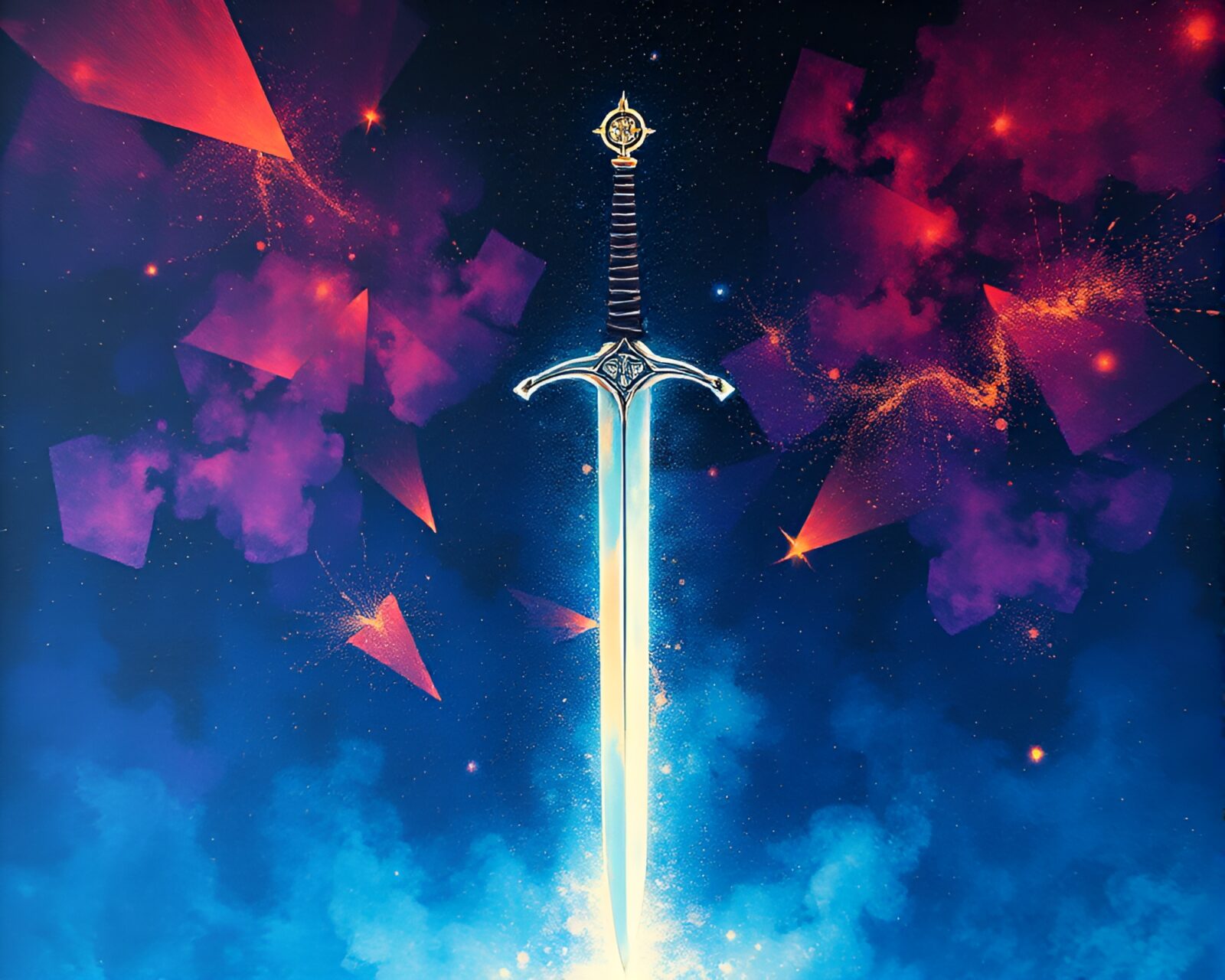 Tempera painting of a cosmic-themed sword with fractal overlay