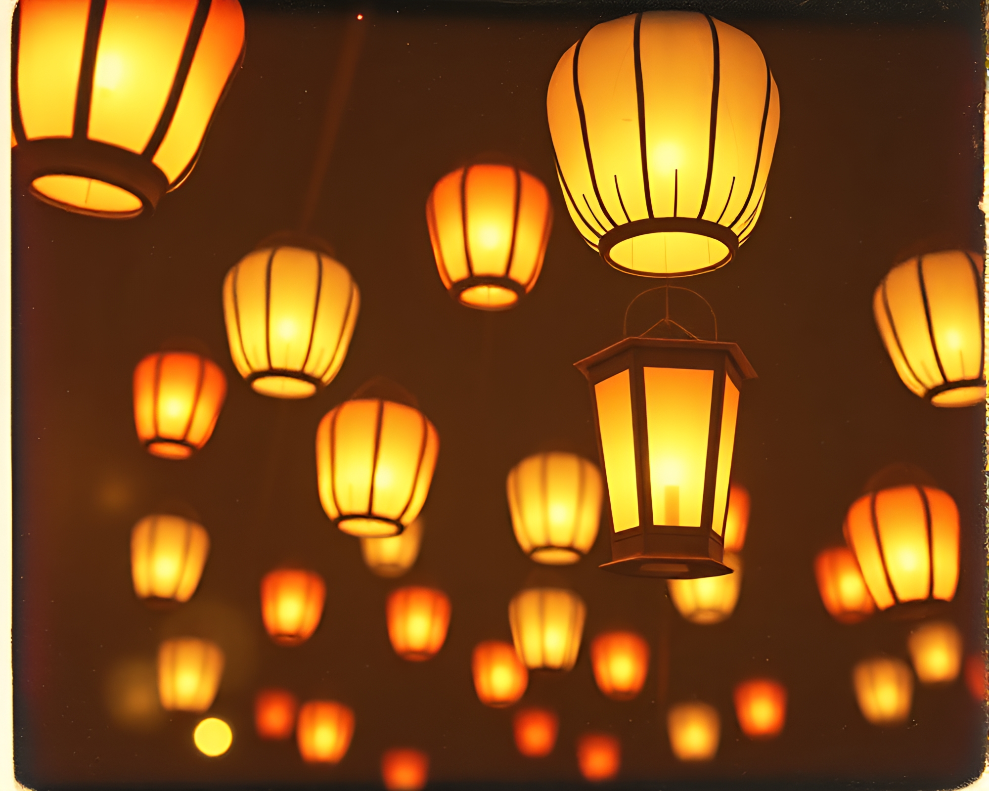 Vintage Floating Lanterns Amid Holographic Noise – free AI stock image