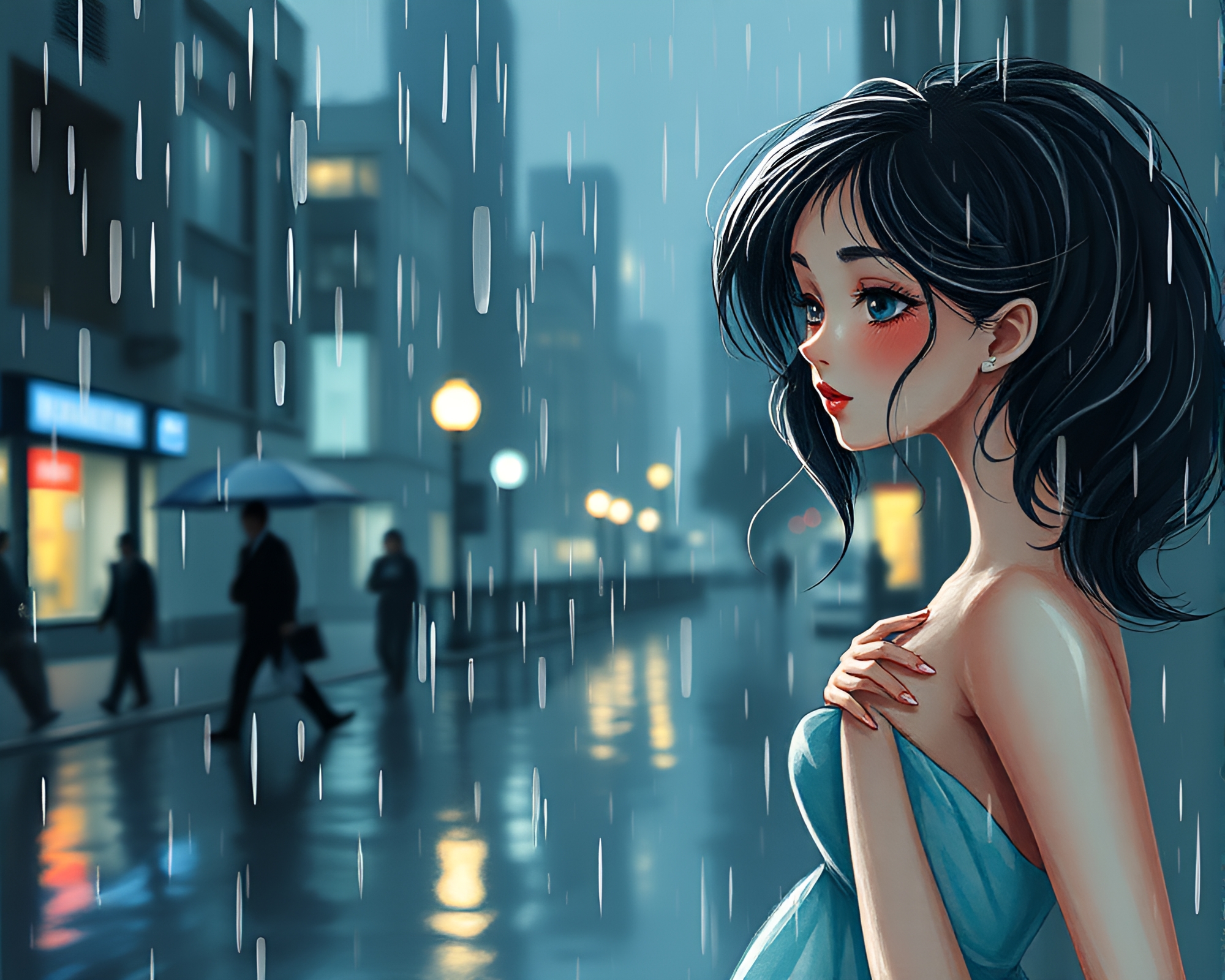 Rainy Reflections of Porcelain Doll in Graphic Novel Style – free AI stock image