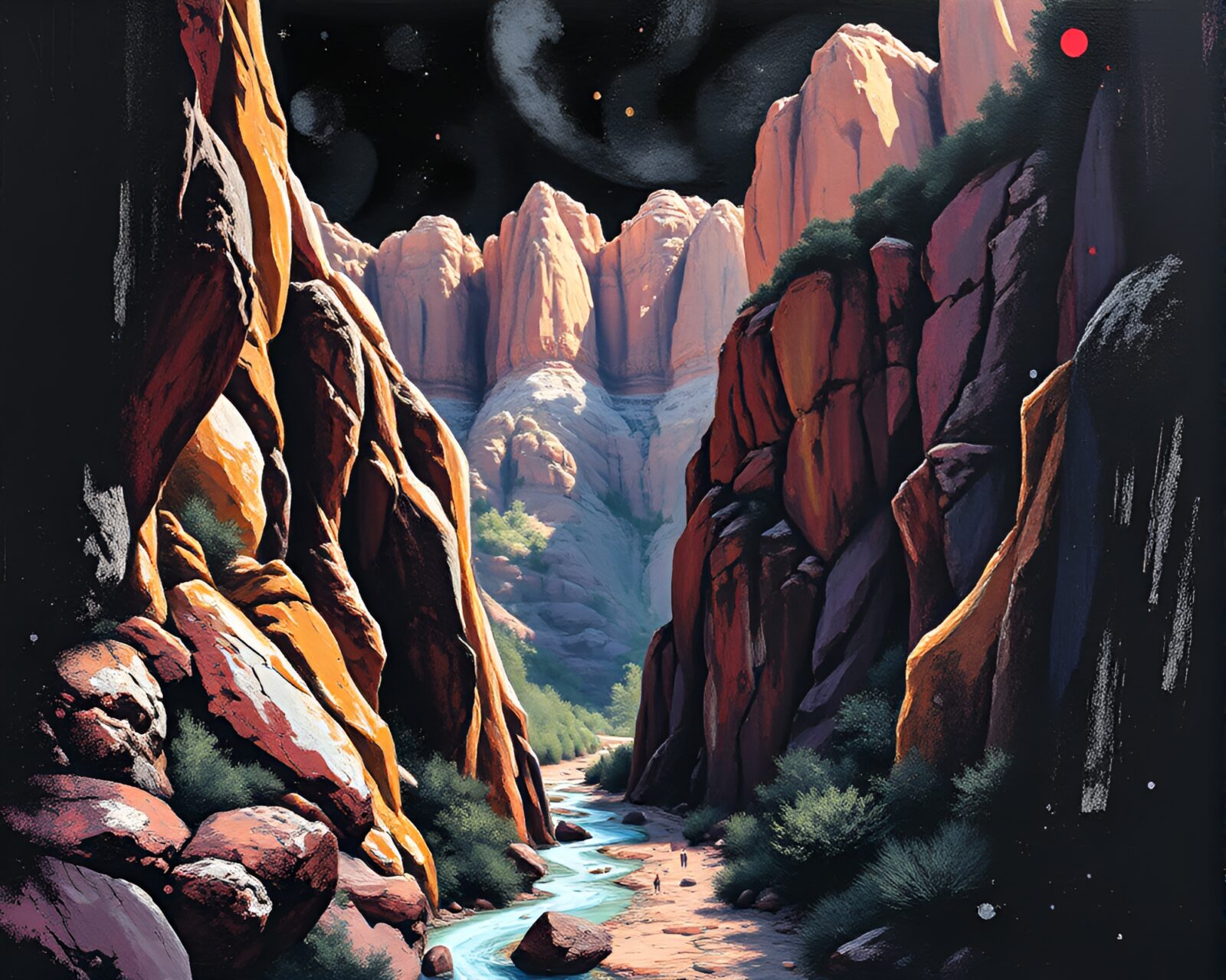 High-contrast acrylic spatters form intricate canyon architectural scene.