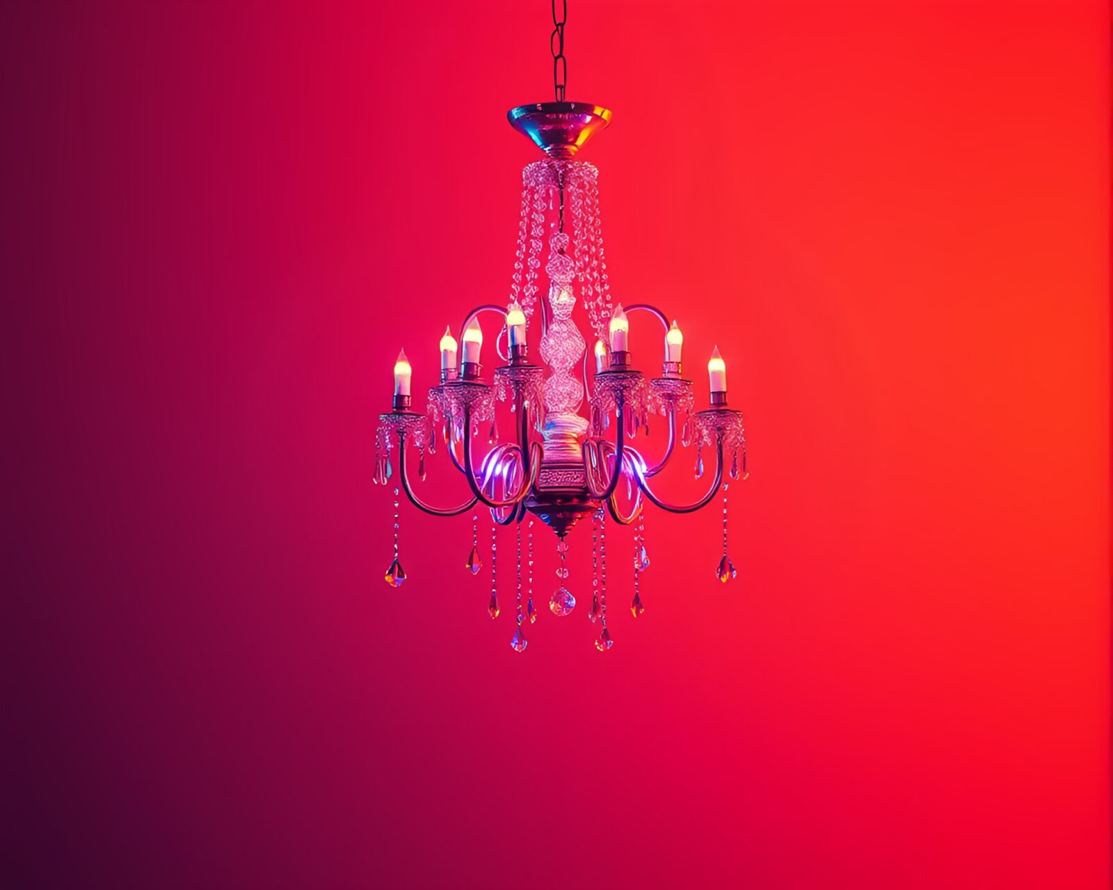 Chandelier casting intricate shadows in orange neon lighting