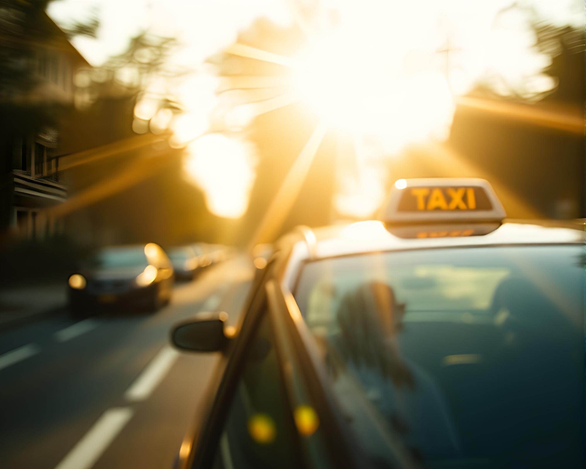 Urban Oasis: Taxi Blur under Sunbeam Streaks – free AI stock image