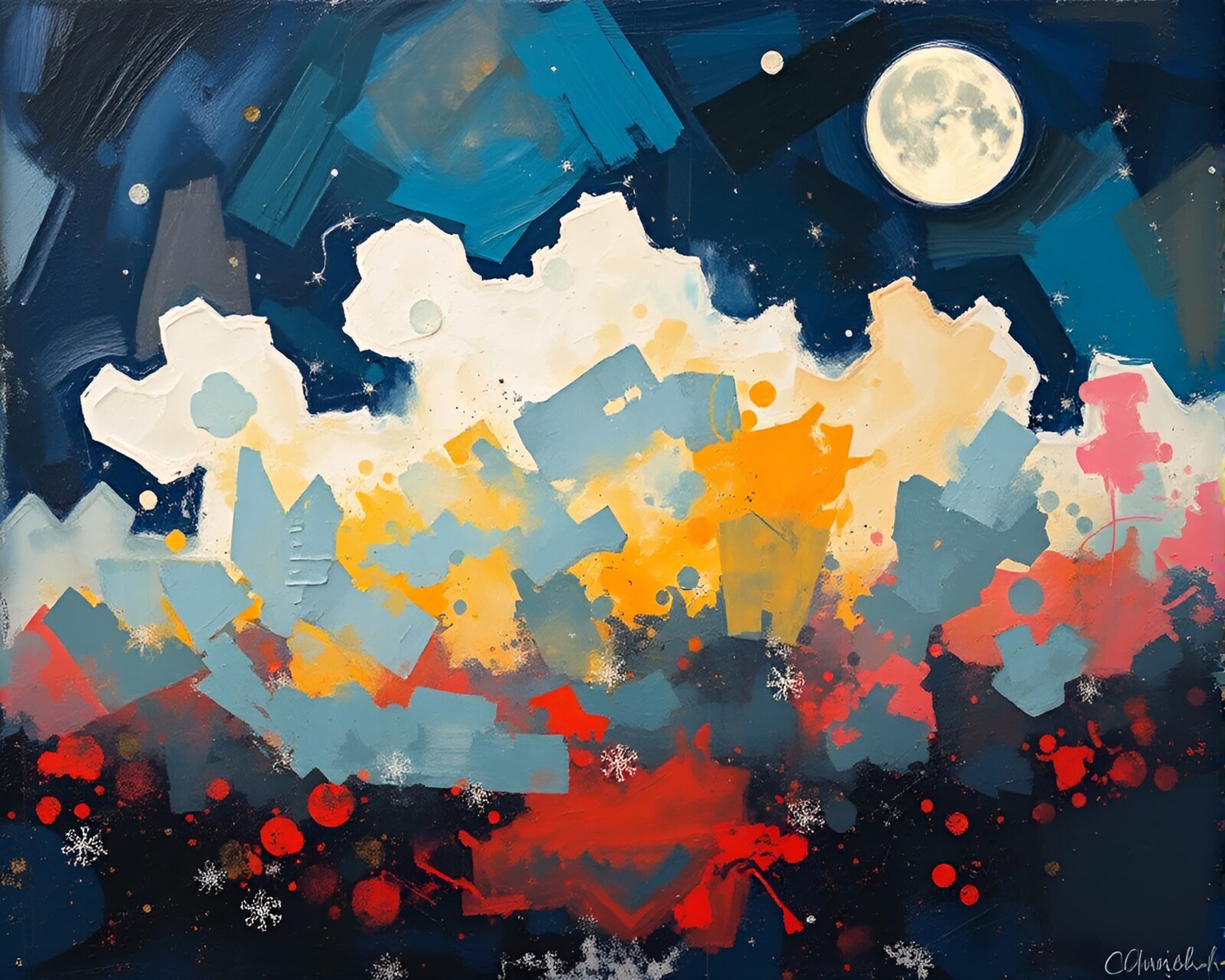 Colorful explosion cloud against dark moonlit night sky