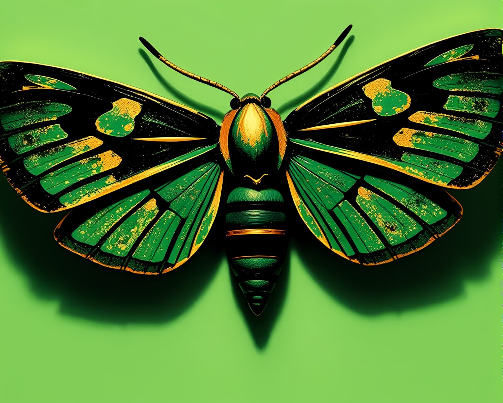 Abstract moth art in cubist style, green tones with gold highlights