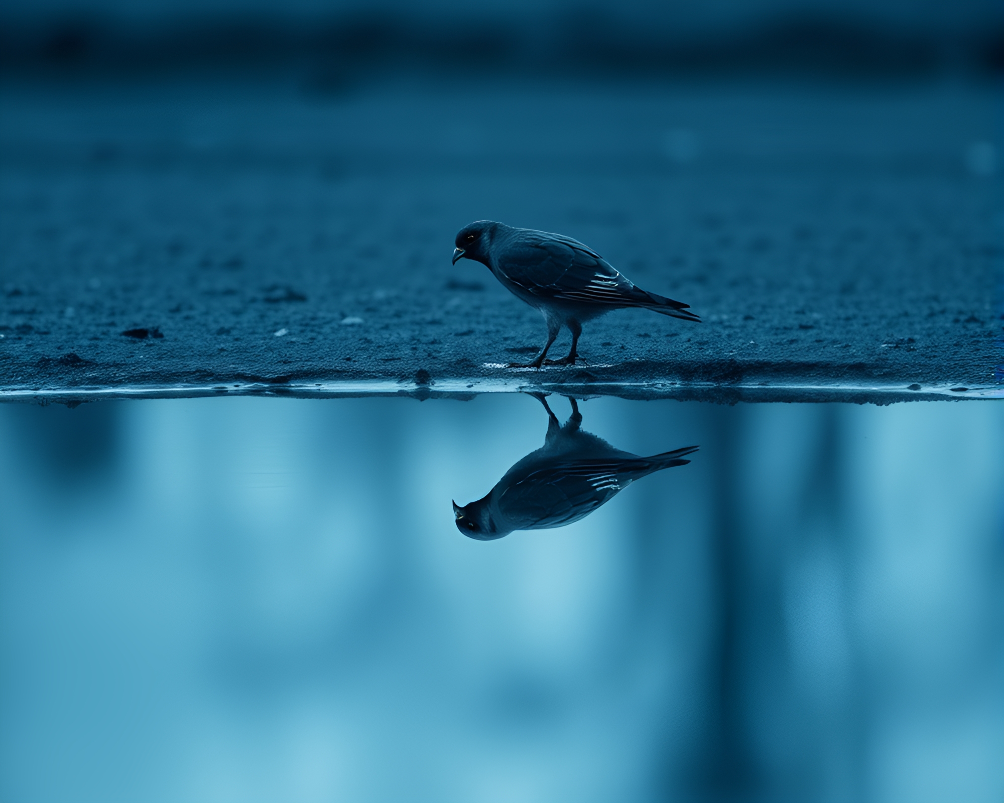 Falcon Soaring Through Monochrome Blue Reflection Puddle – free AI stock image