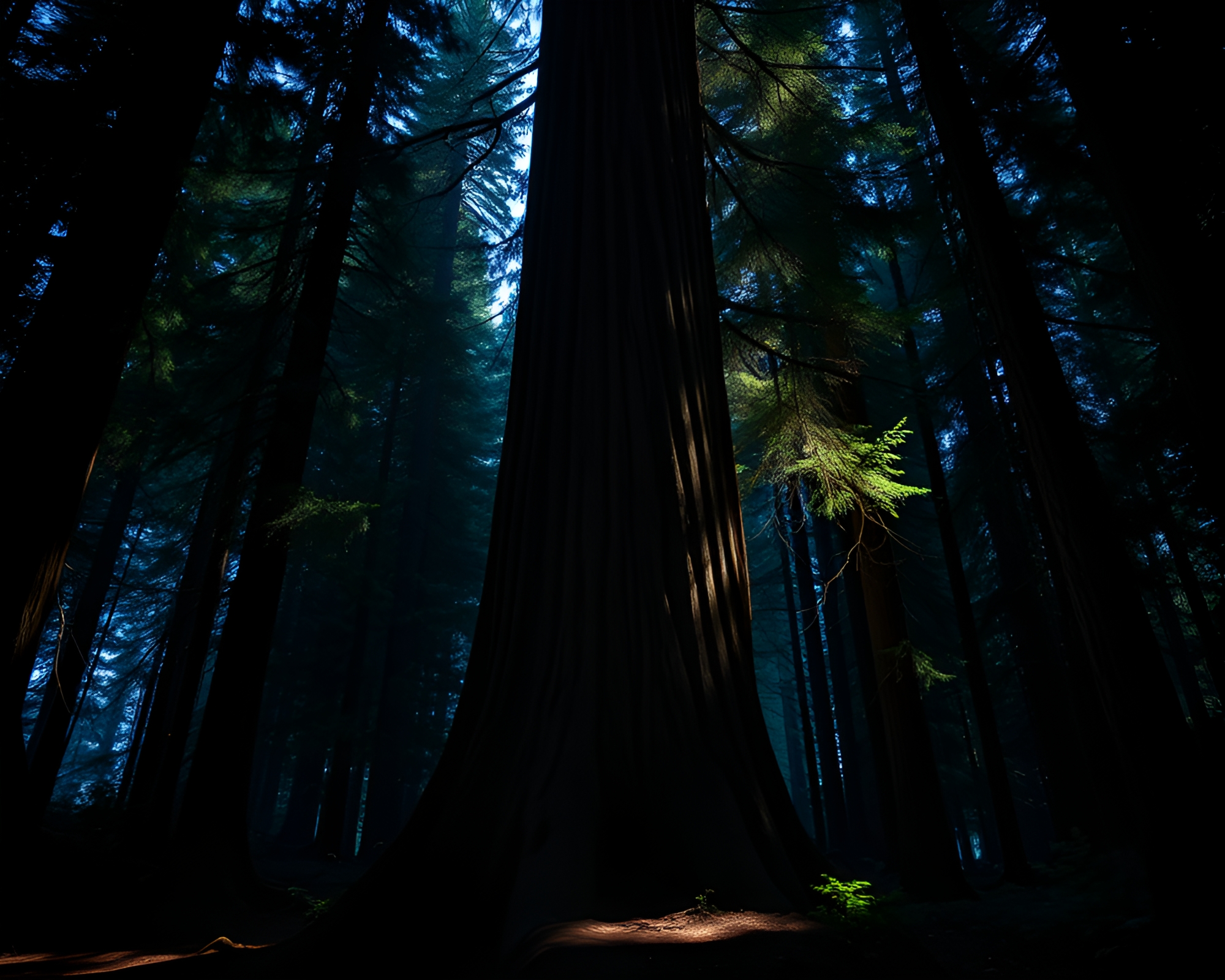 Enchanted Redwood: Light Painting and Textured Shadows – free AI stock image