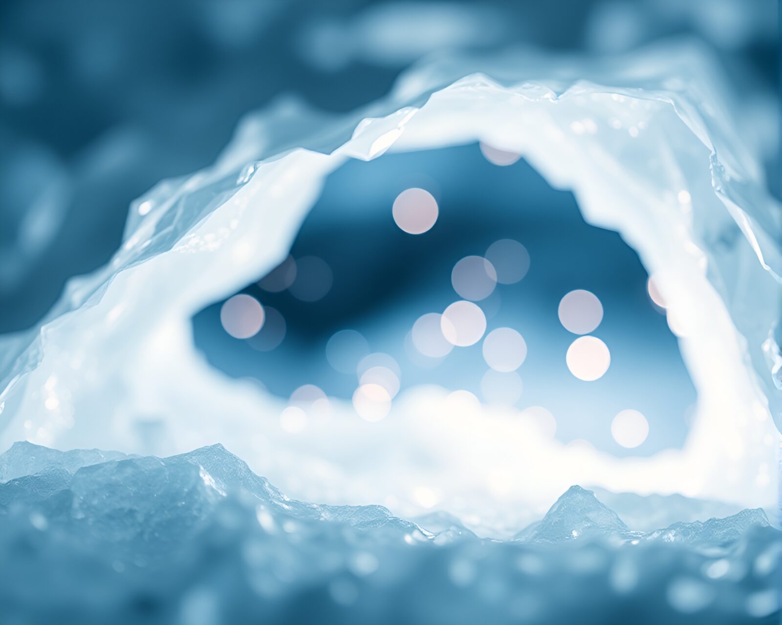 Glowing ice crystals in dreamy glacial cave setting