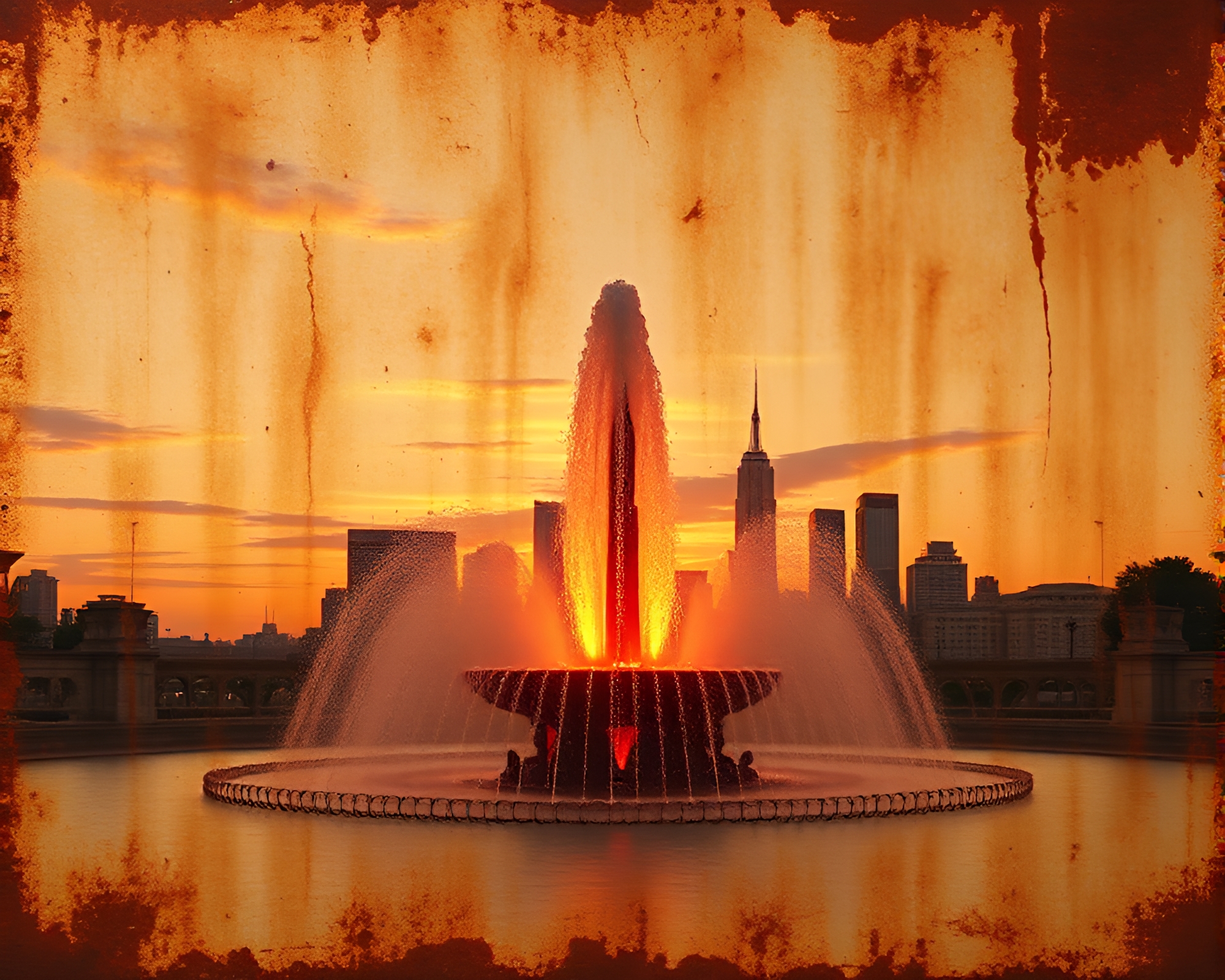 Rust Stain Chocolate Fountain: Skyline Sunset Cloth Simulation – free AI stock image
