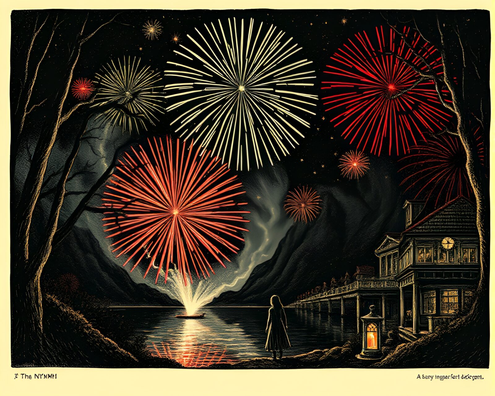 Beautiful nymph surrounded by fireworks, illuminated by candlelight