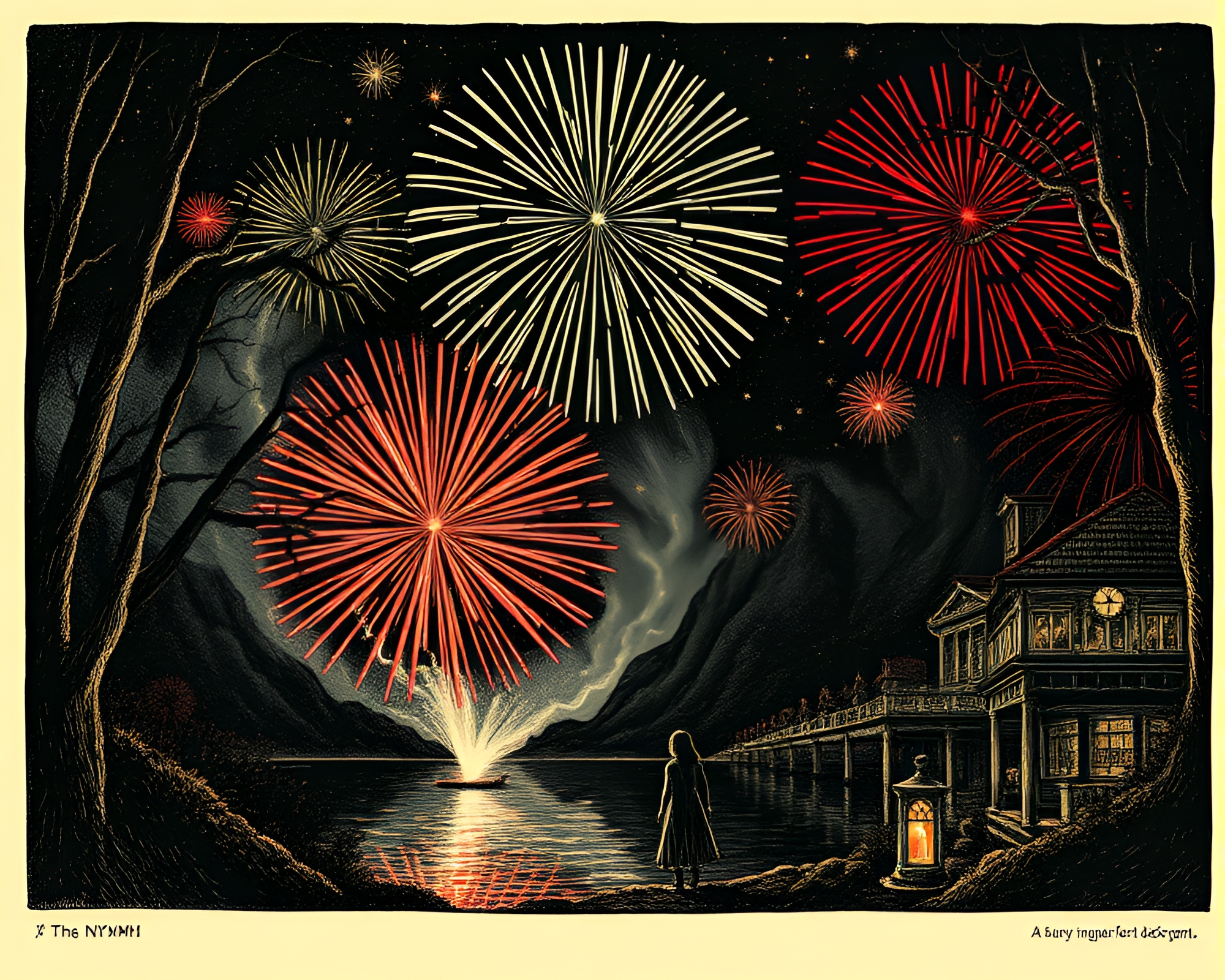 Enchanting Woodcut Nymph Amidst Fireworks Burst – free AI stock image