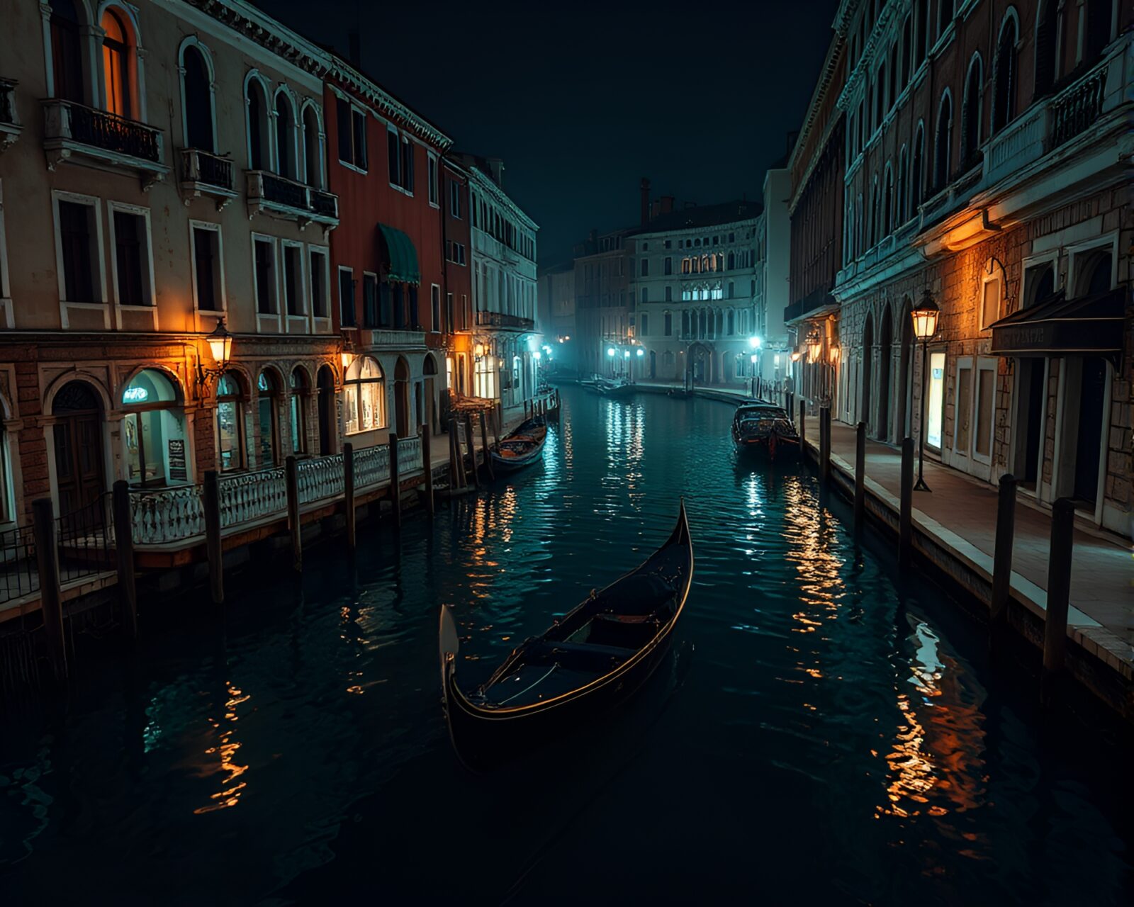 Enchanting Venetian canal with glowing copper accents and LED lights