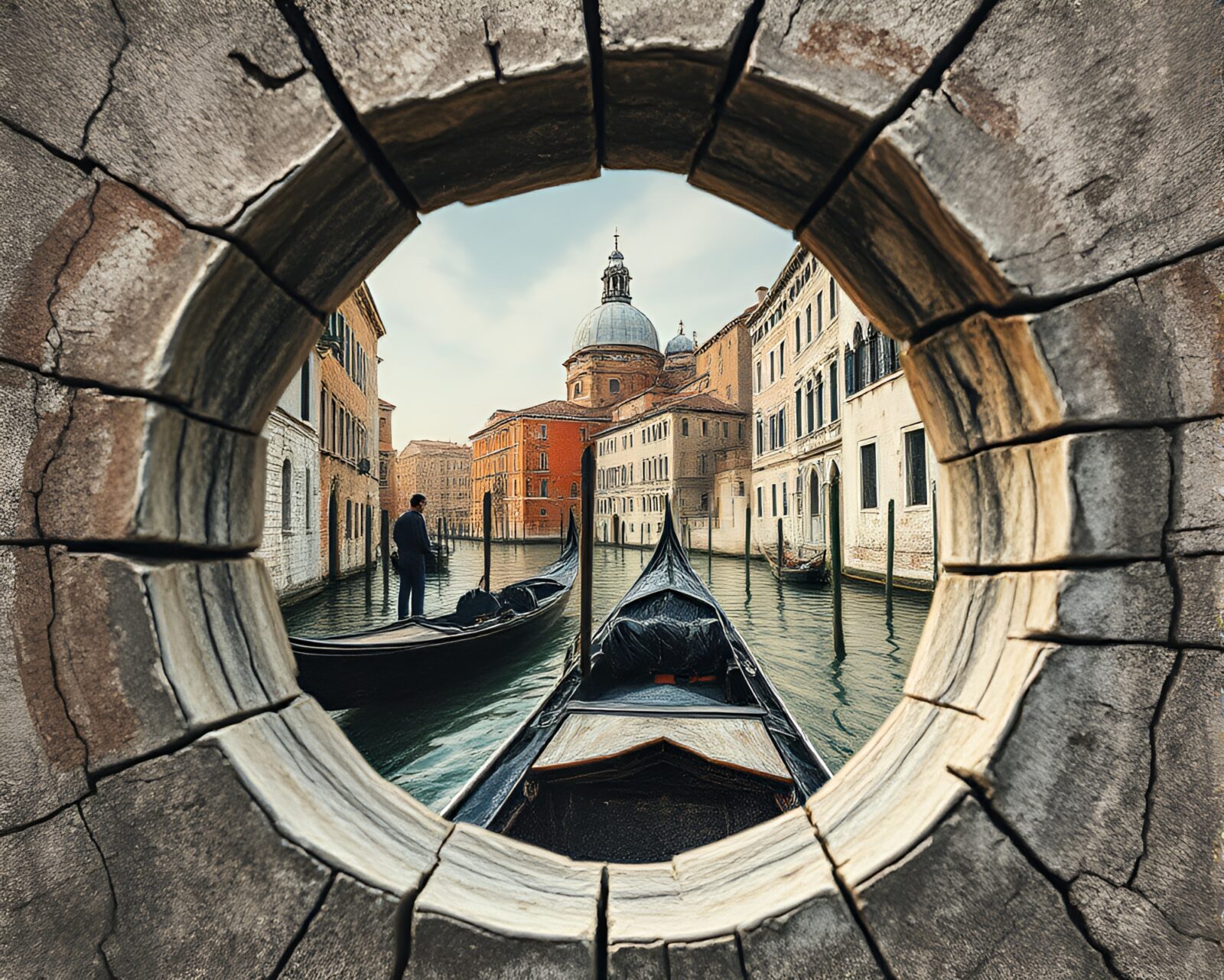 Fantasy scene of gondola on chalk-drawn cracked earth