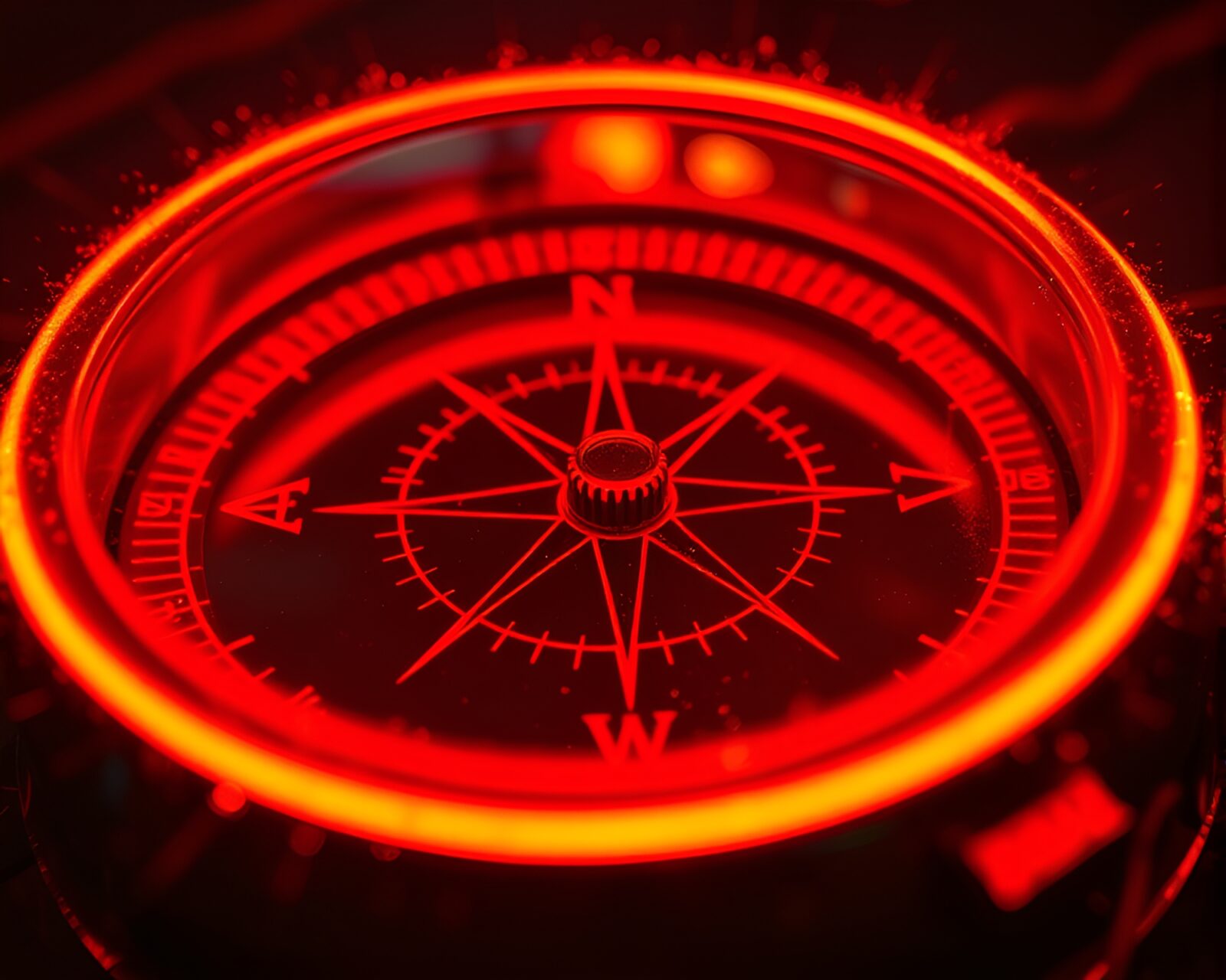 Glowing neon compass in swirling dust motes ambiance