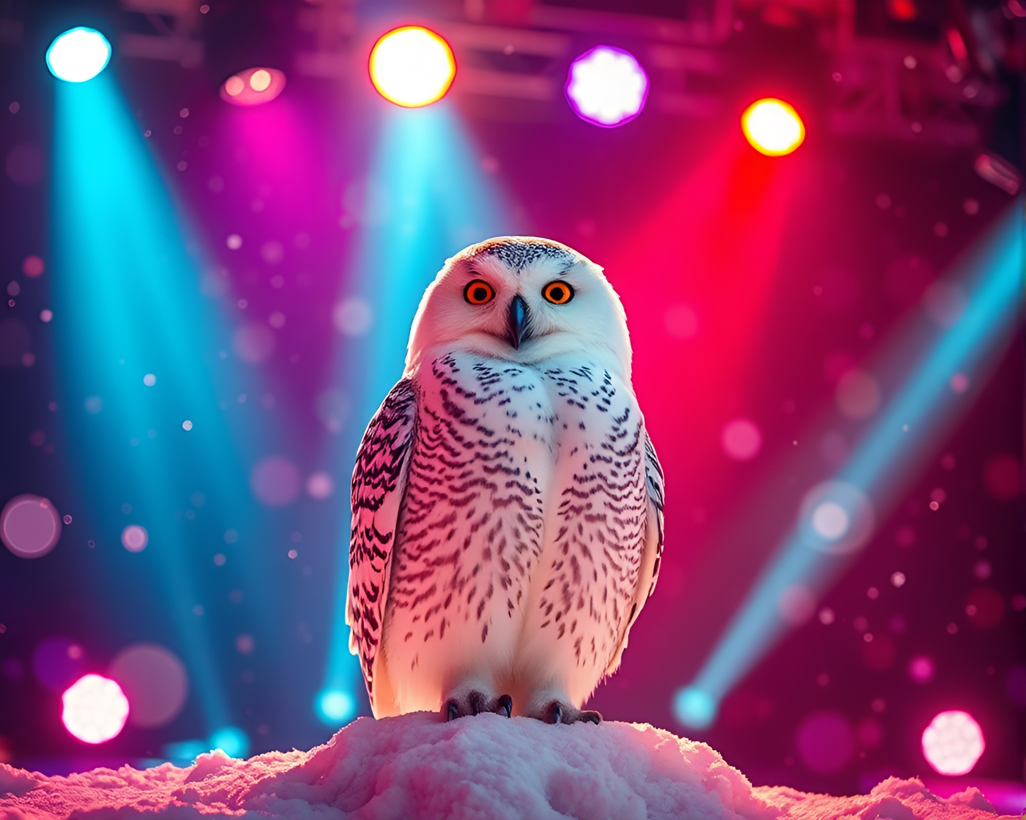 Neon Snowy Owl Kaleidoscope on Concert Stage – free AI stock image