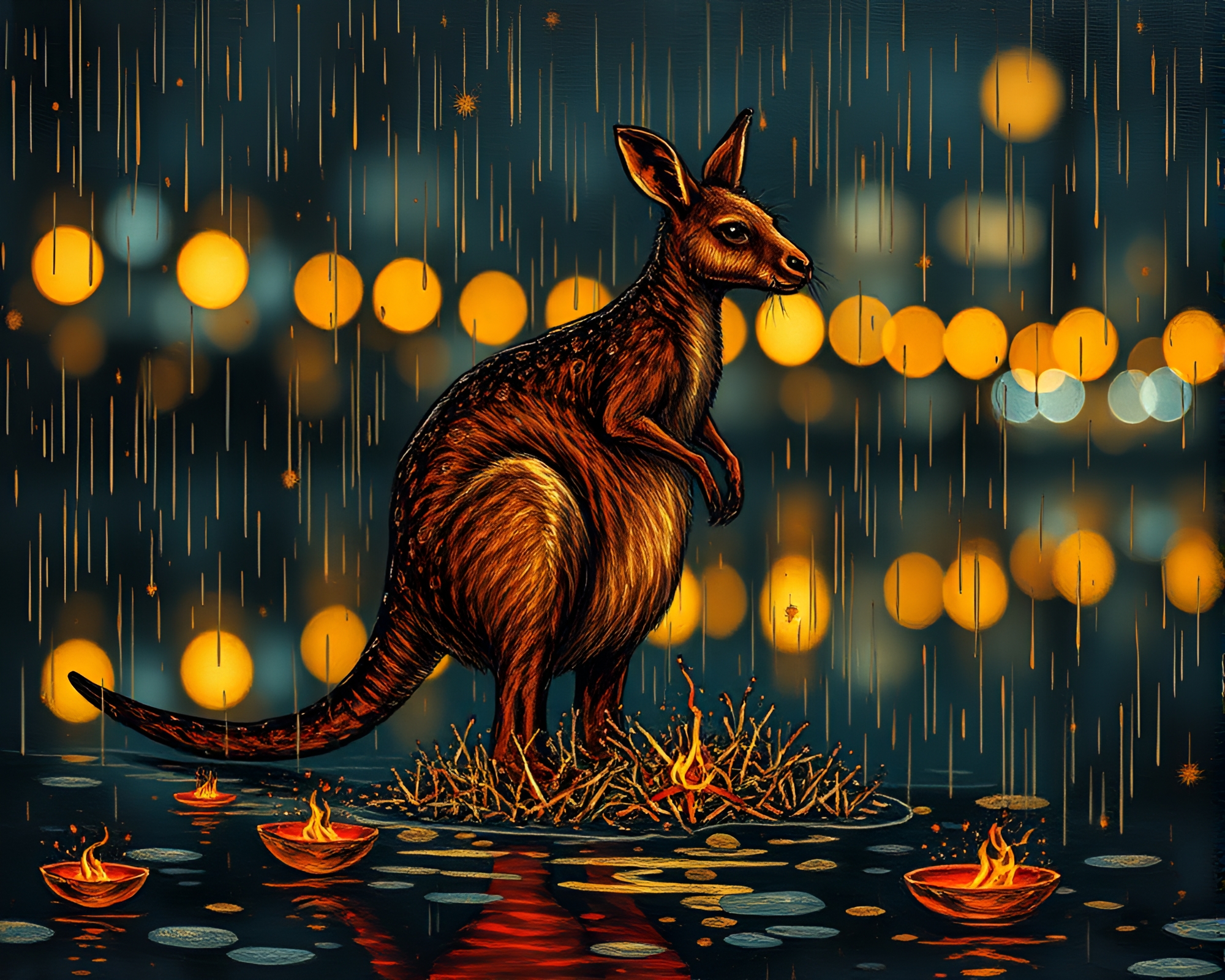 Rainy Kangaroo Reflections in Sgraffito Style – free AI stock image
