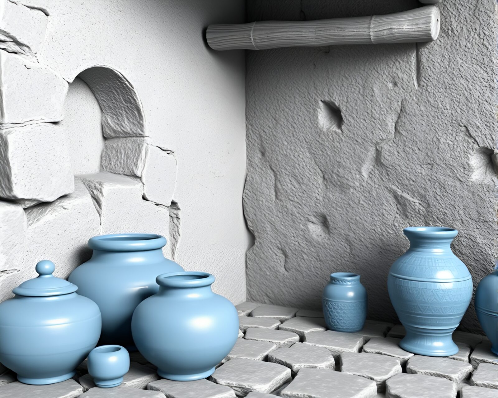 High-poly 3D render of rustic pottery in monochrome blue