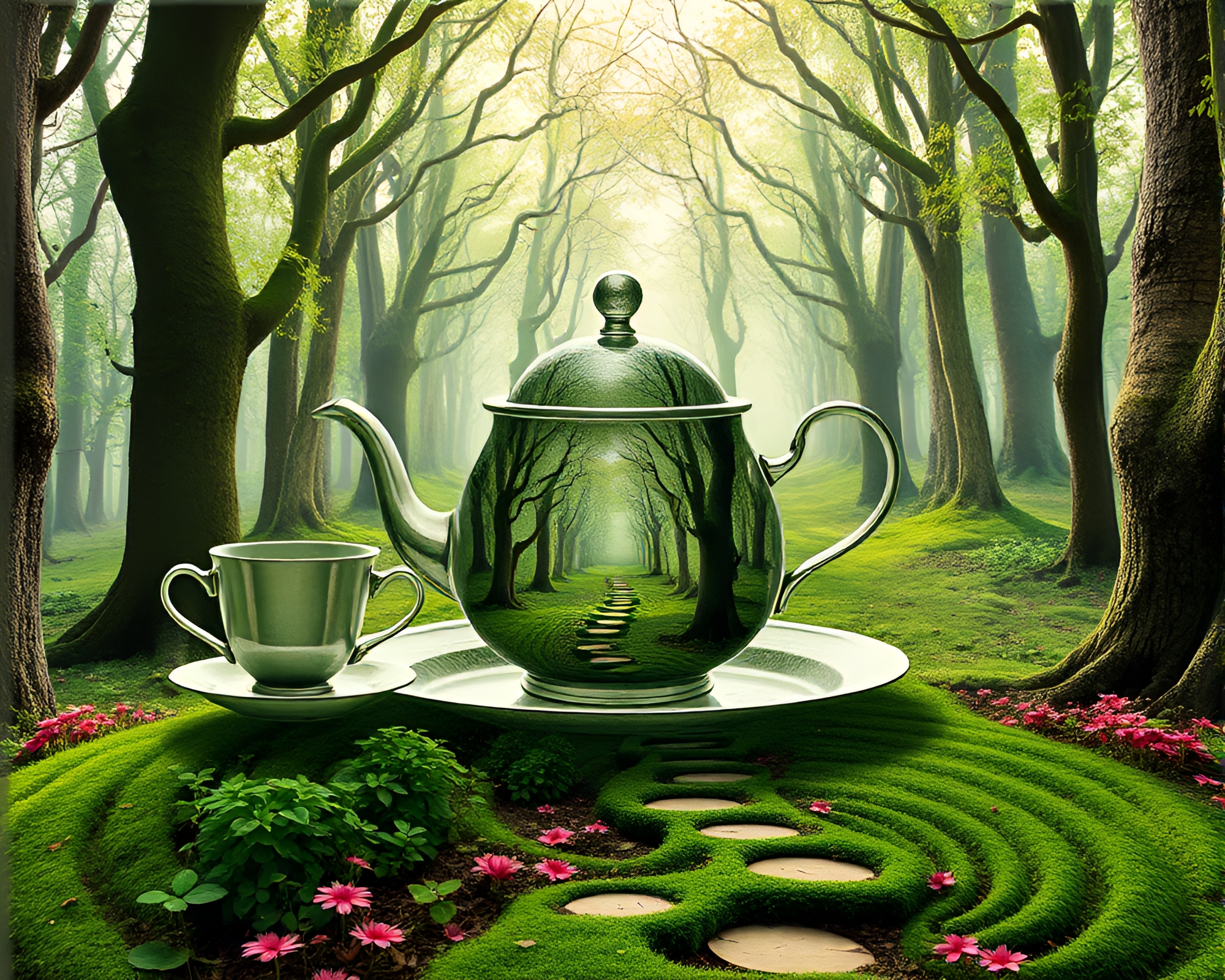 Fractal Wonderland: Enchanted Tea Set in Forest – free AI stock image