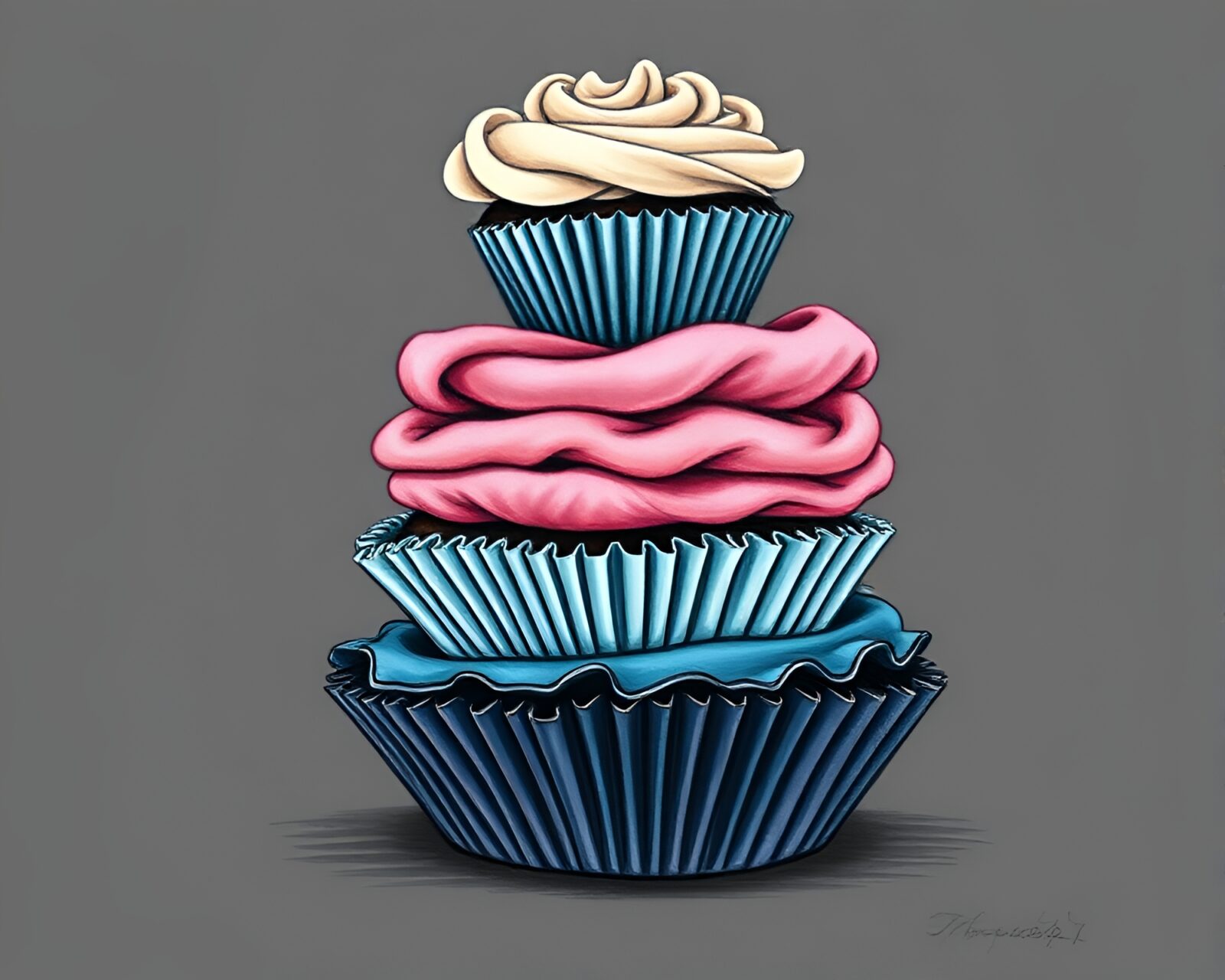 Elegant sapphire-toned cupcake tower in charcoal sketch art