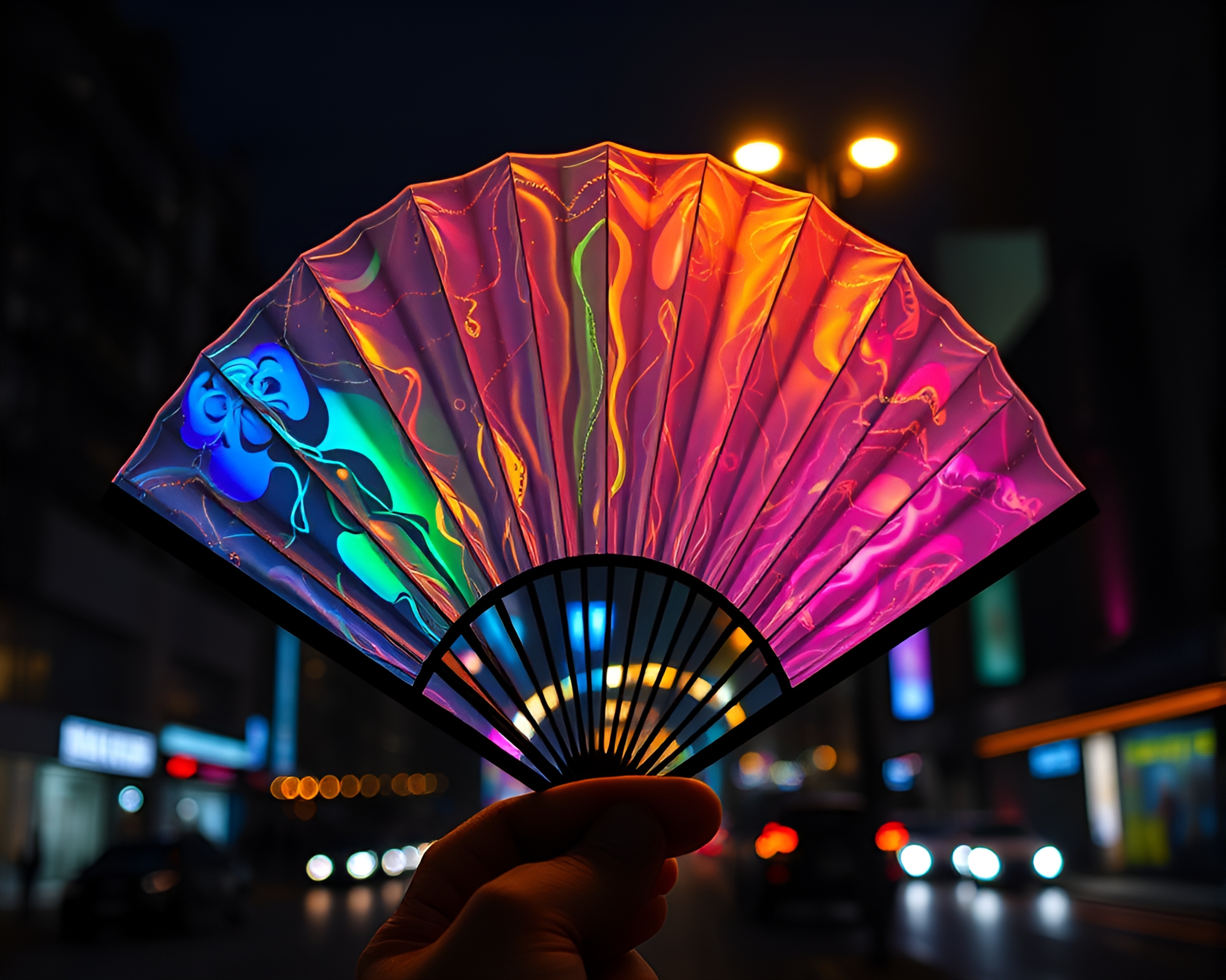 Hand-Painted Fan in City Lights Reflections – free AI stock image