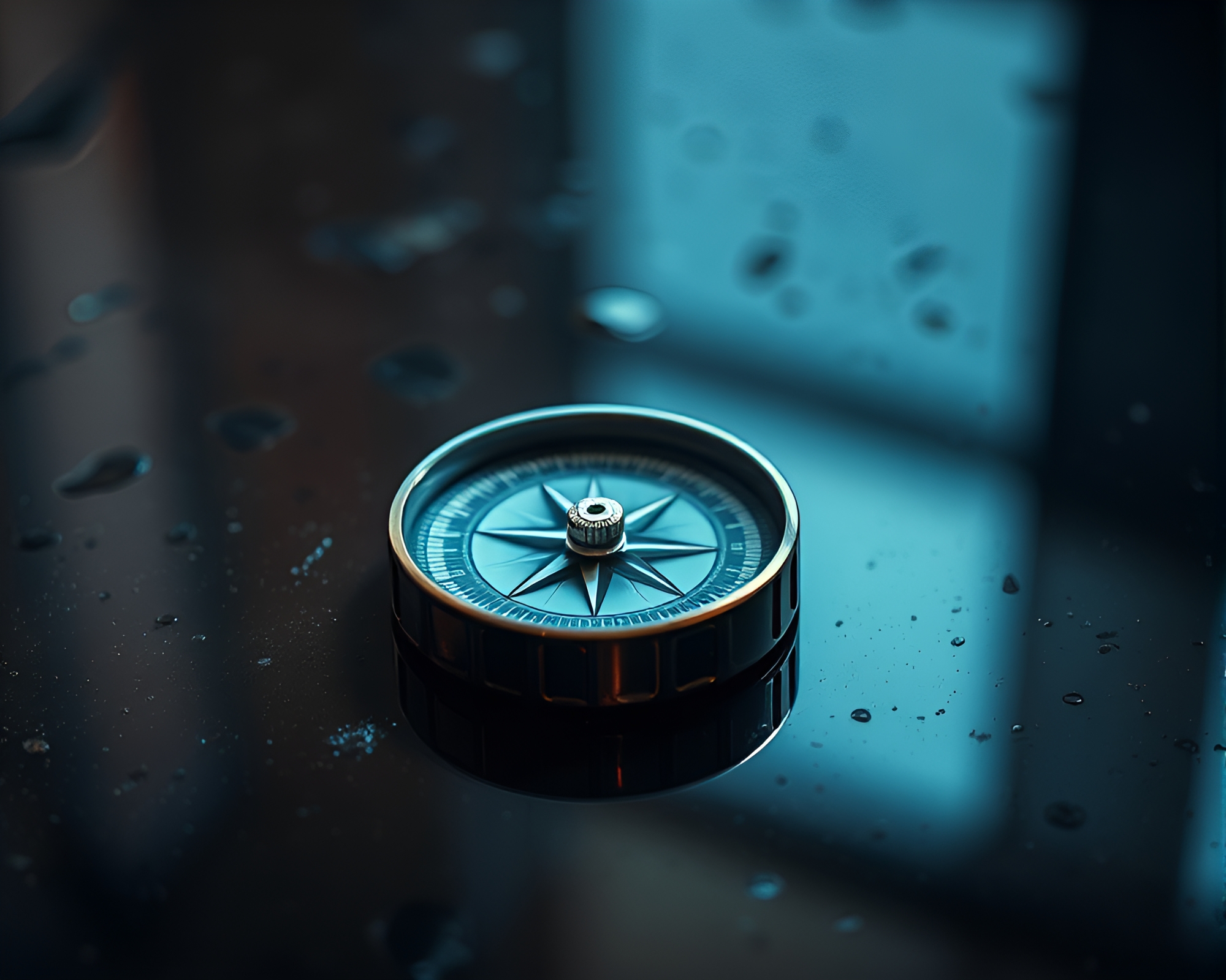 Vintage compass reflecting on tranquil water surface – free AI stock image