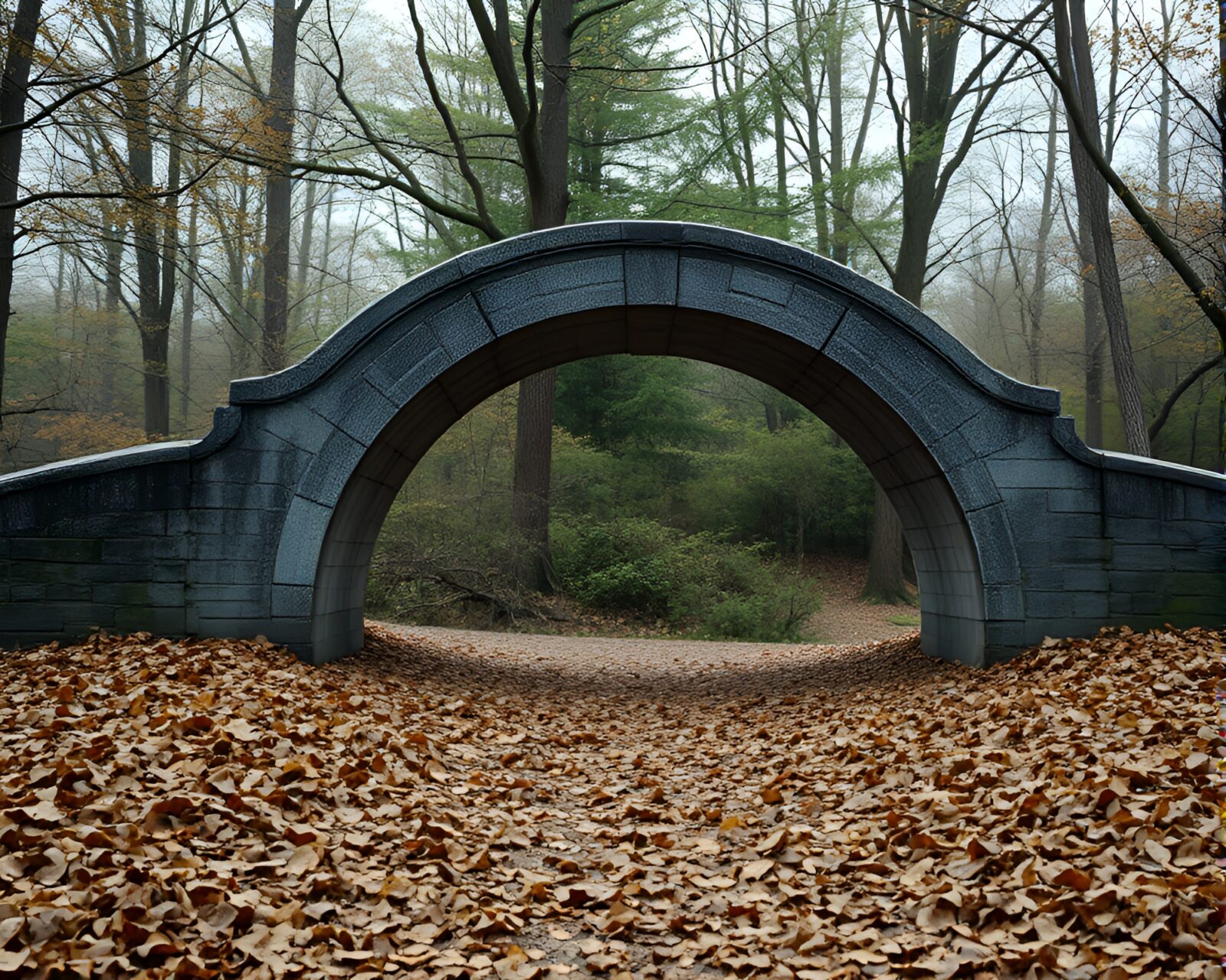 Tranquil scene of arch bridge surrounded by autumn leaves