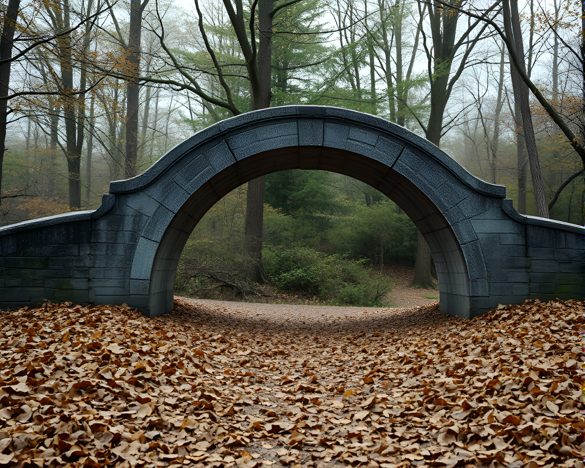 Serene Arch Bridge Over Leaf-Littered River – free AI stock image