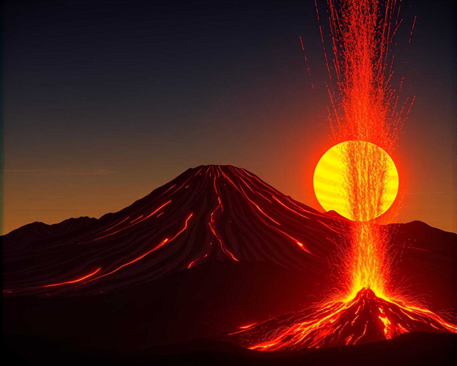 80s VHS style image of volcanic eruption under blue dawn light and striped pattern