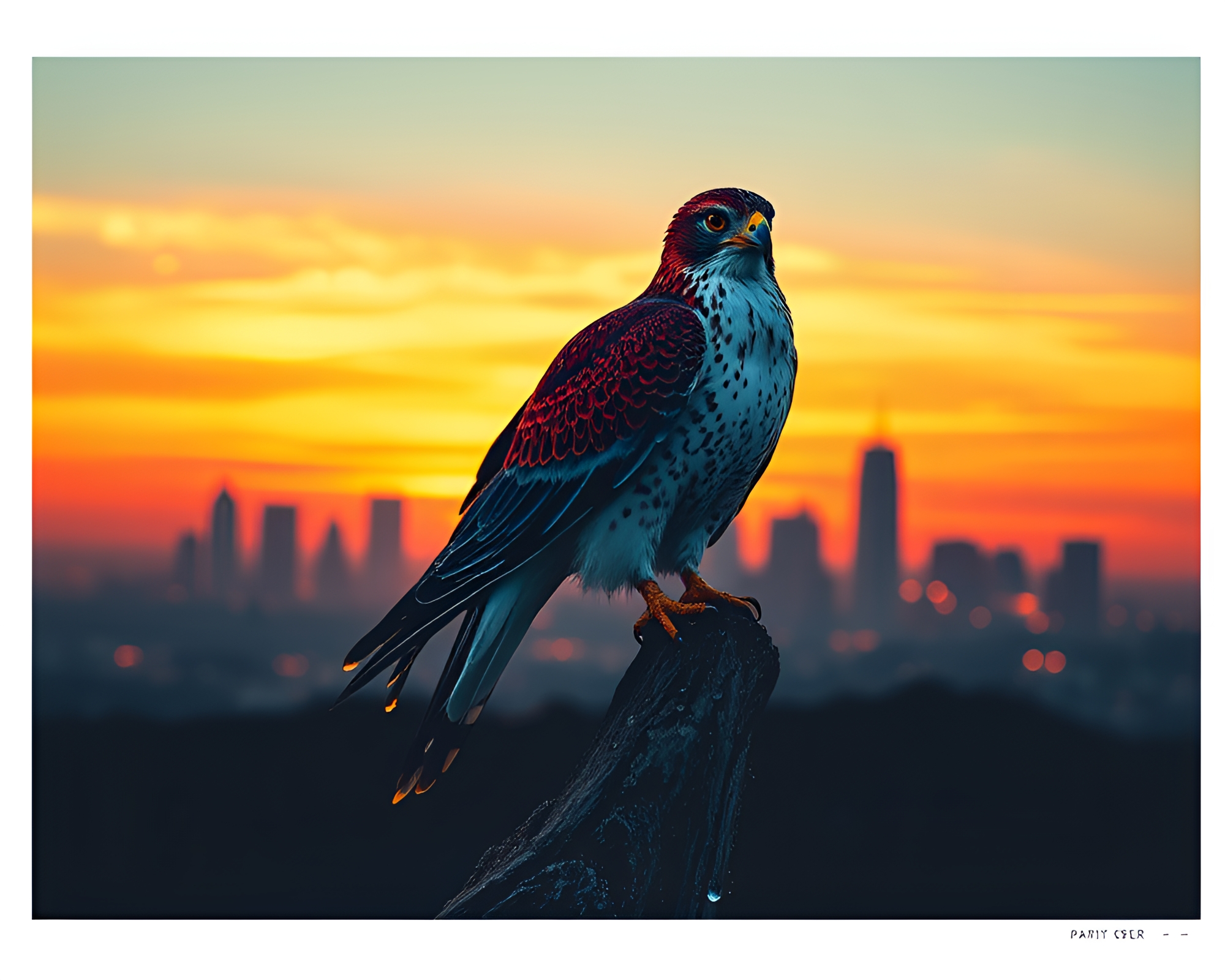 Ethereal Falcon Silhouette in Sunset Dew Drops – free AI stock image