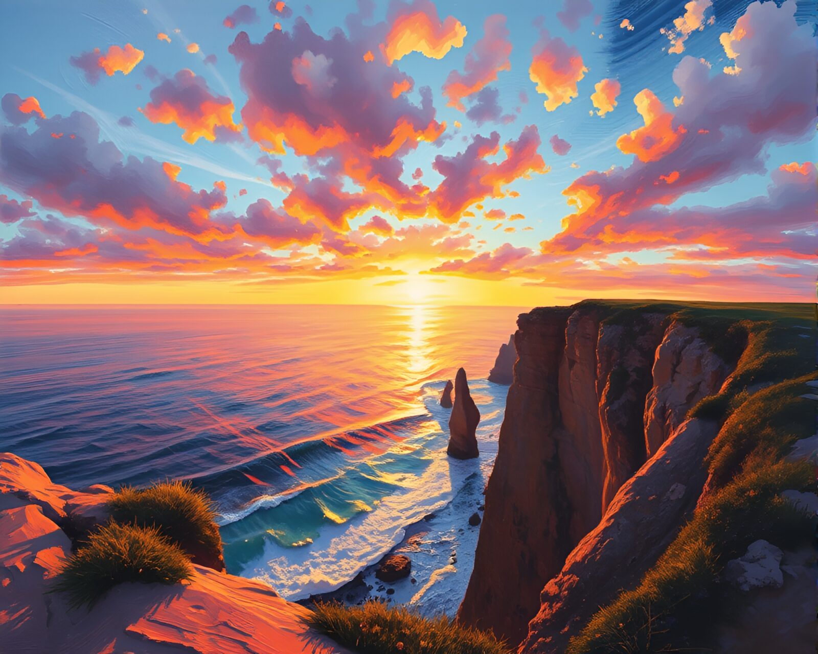Worm's eye view of a surreal vaporwave sunset on a cliff