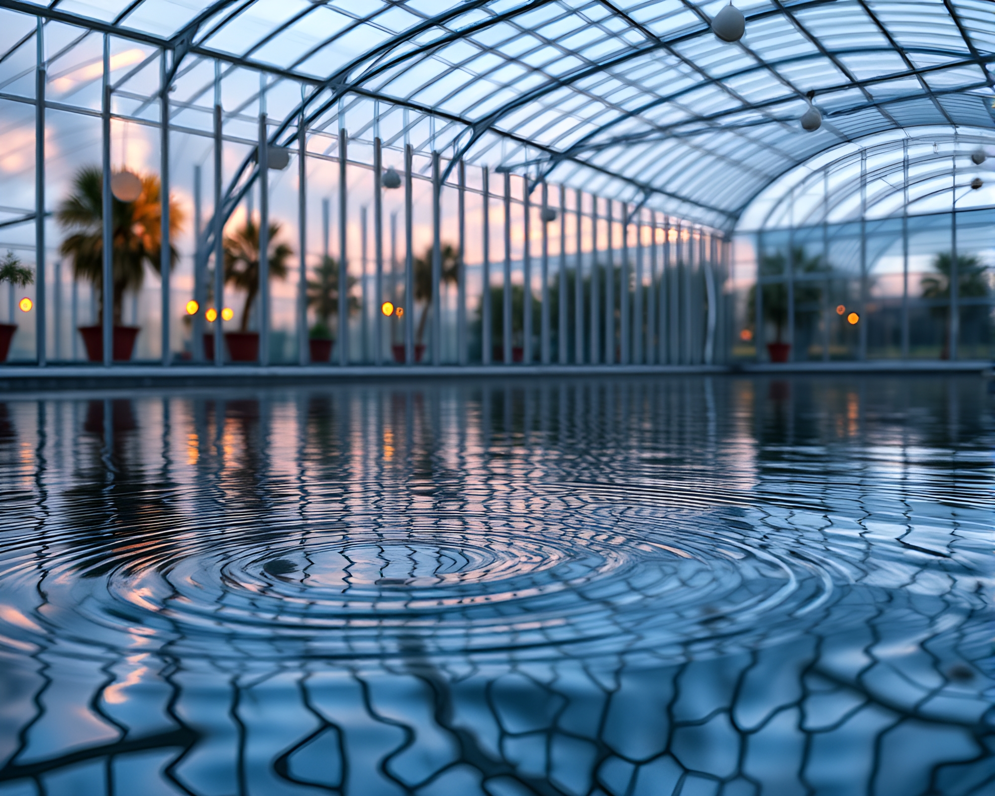 Rippling Water Reflections in Glass Greenhouse – free AI stock image