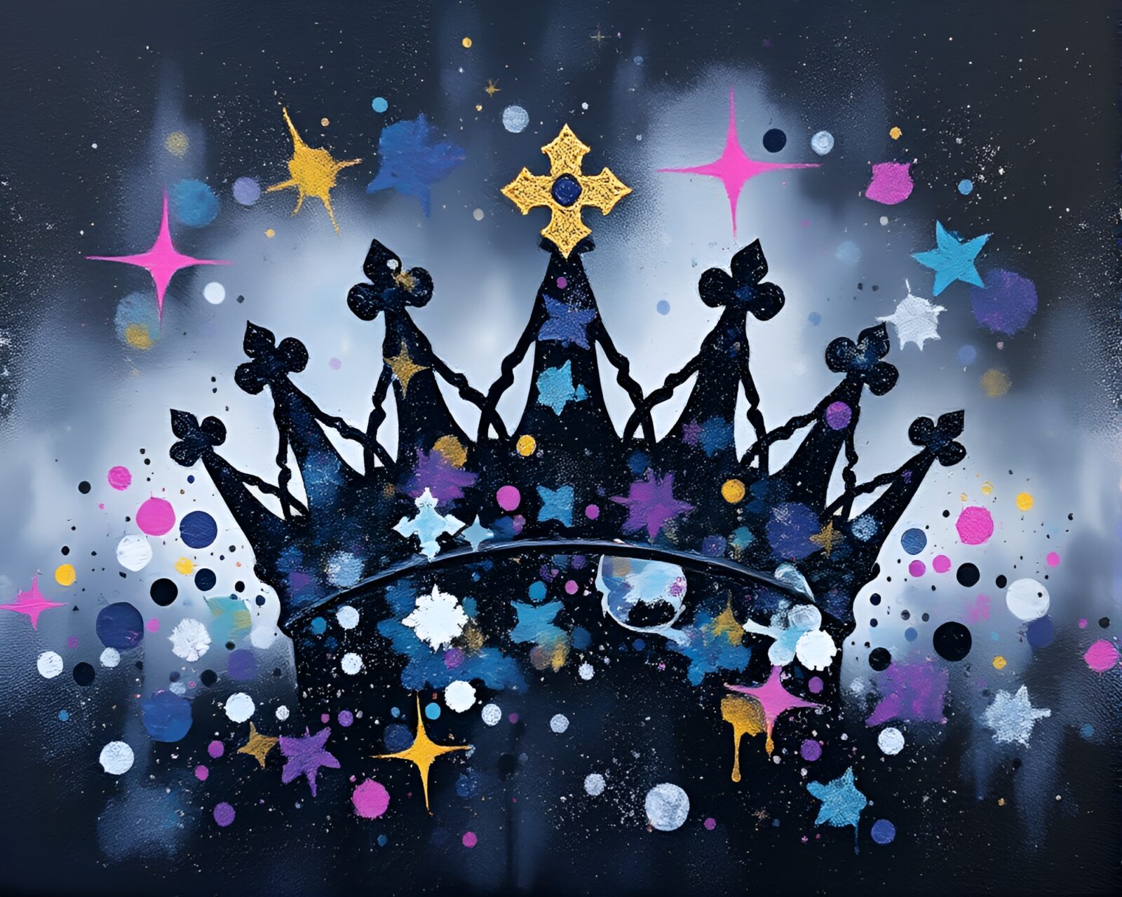 Abstract crown painted in cosmic dust splatters on black background