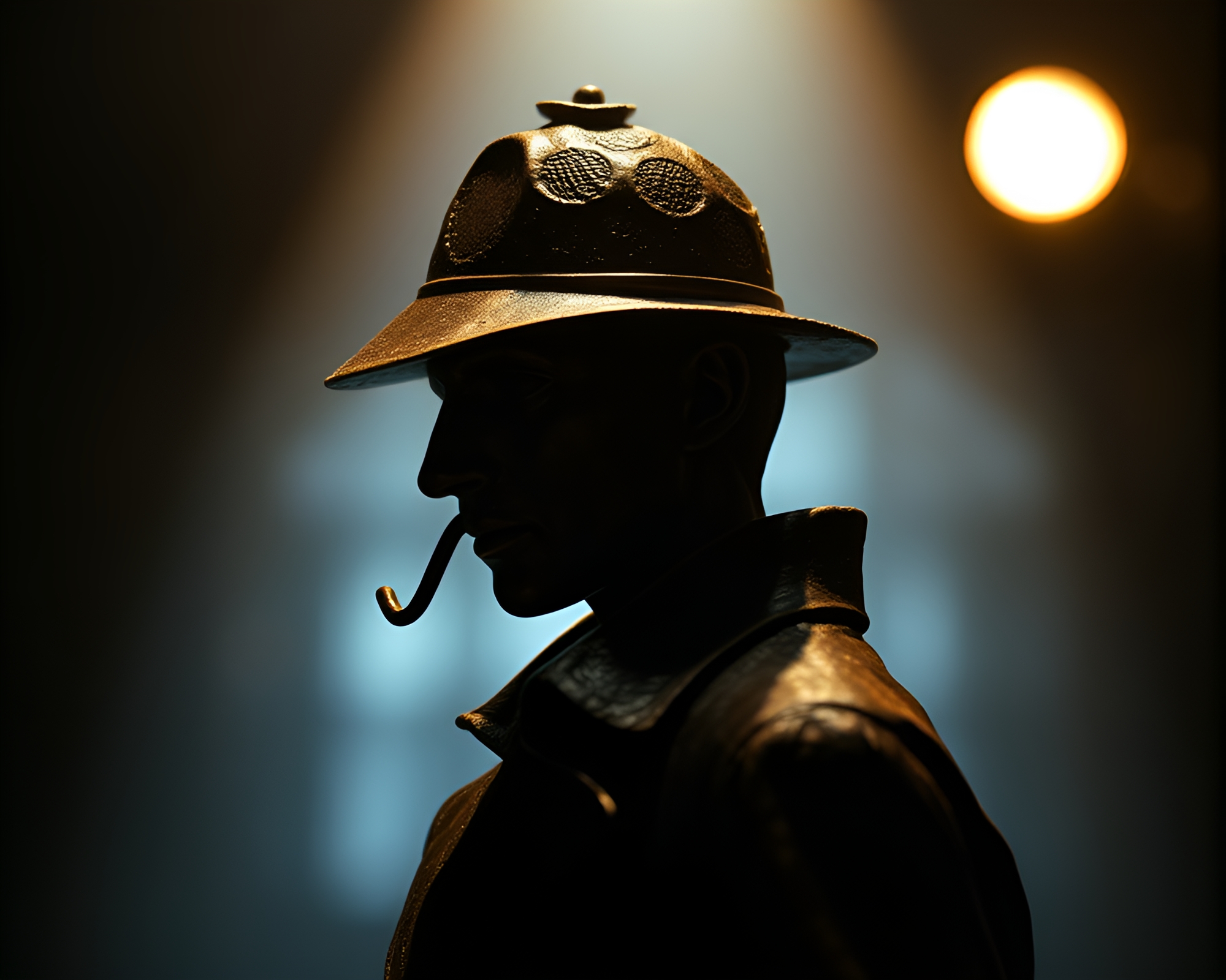 Sherlock Holmes Bronze Patina Silhouette Spotlight Scene – free AI stock image