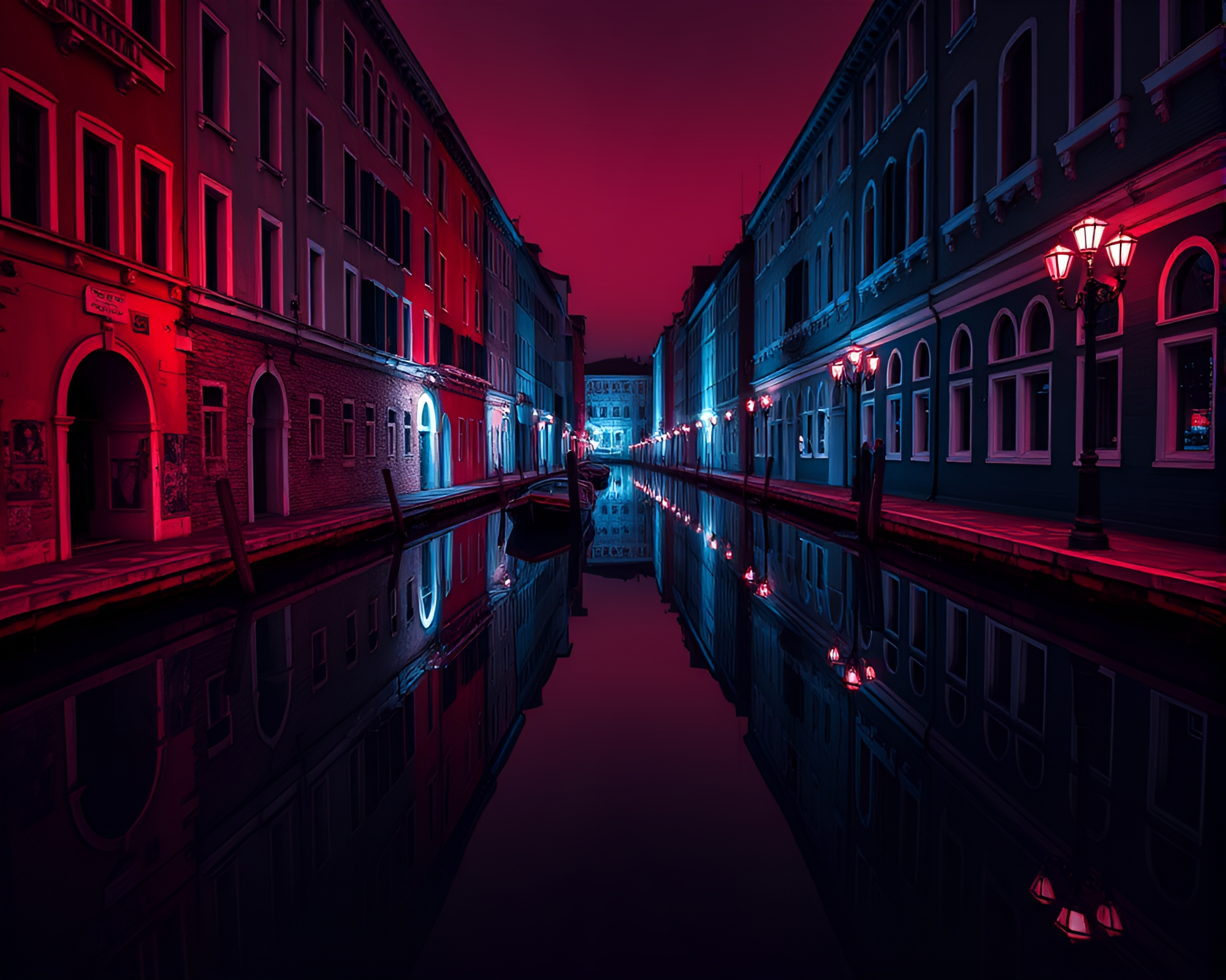 Venetian Canal Mirror Symmetry in Red-Blue Duotone – free AI stock image