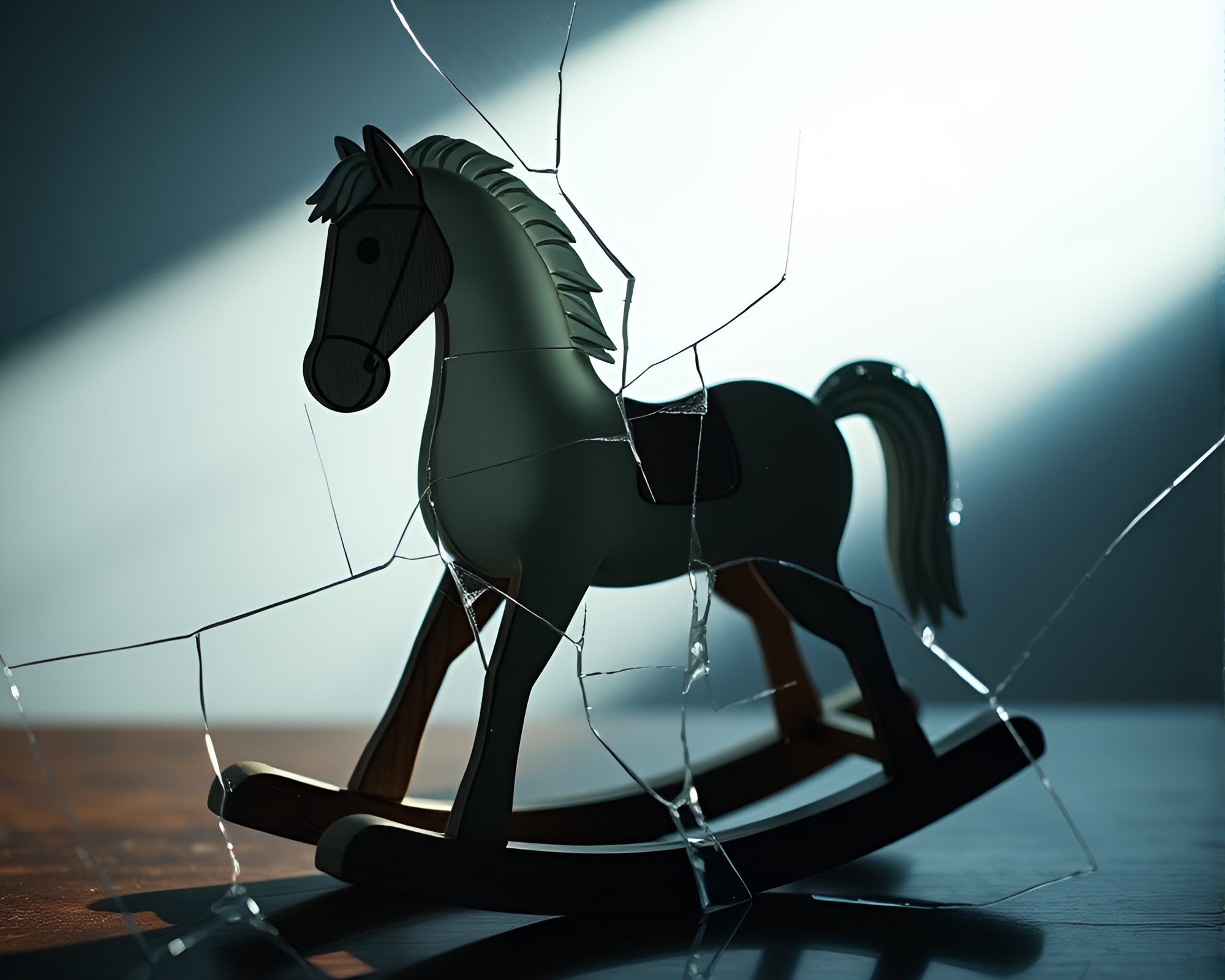 Pixelated Light: Reflected Broken Glass on Wooden Rocking Horse – free AI stock image
