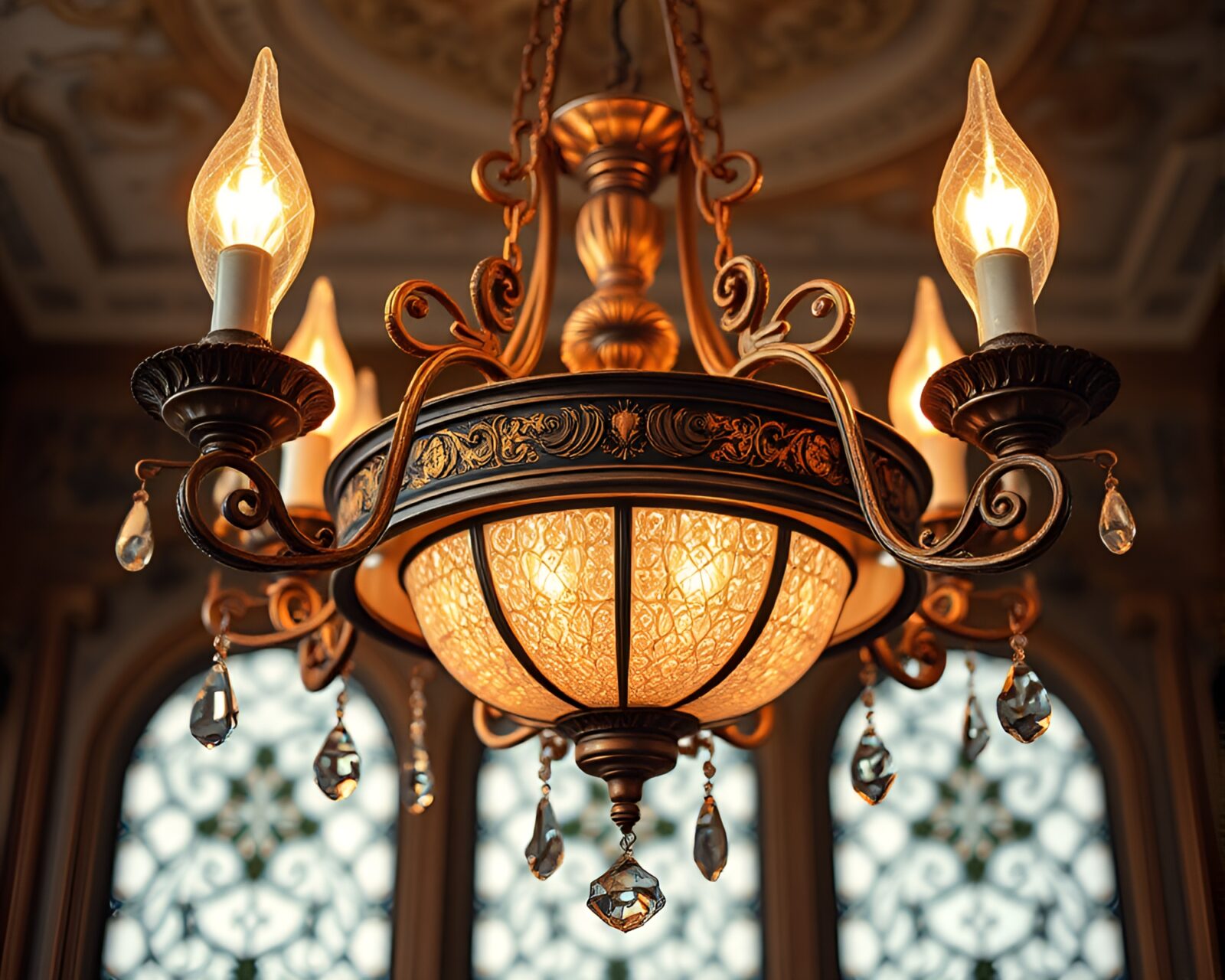 Beautiful Victorian chandelier in shallow focus with warm copper hues