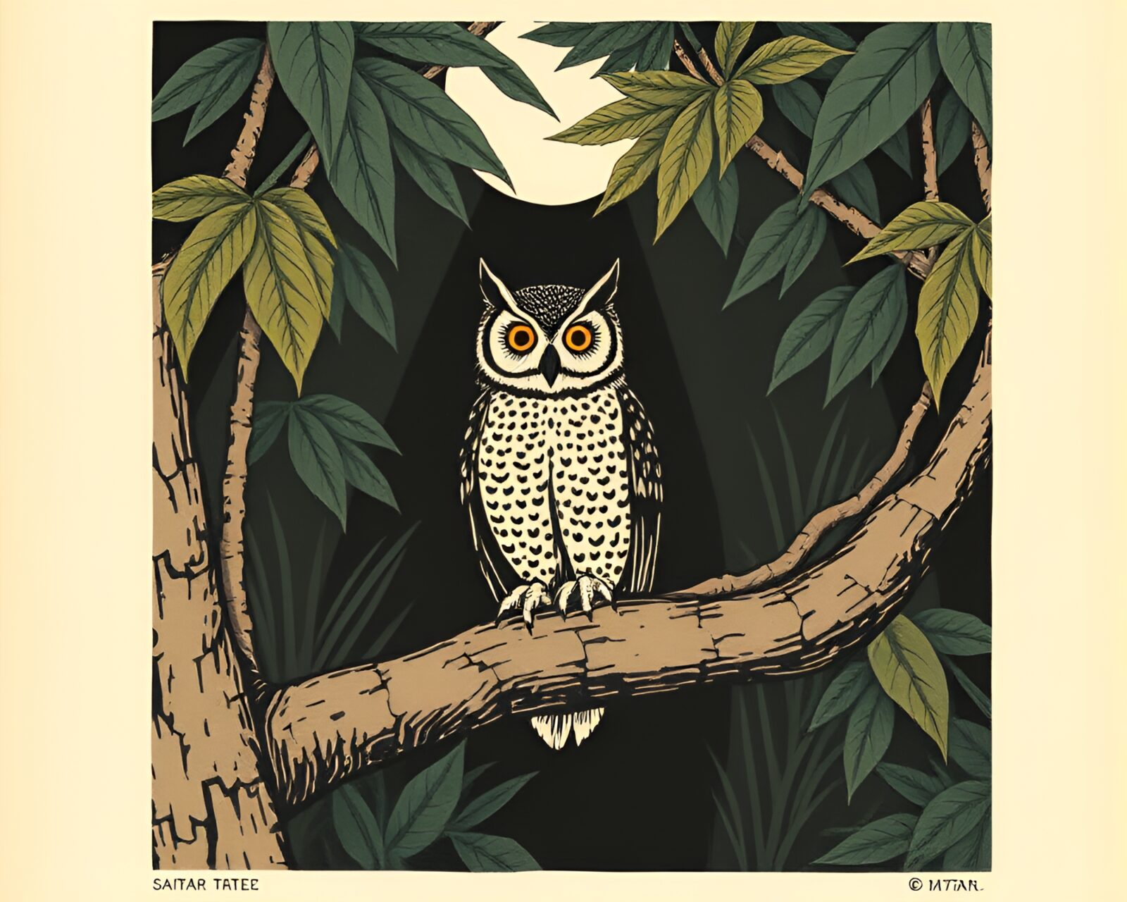 Artistically carved owl in lush jungle canopy setting