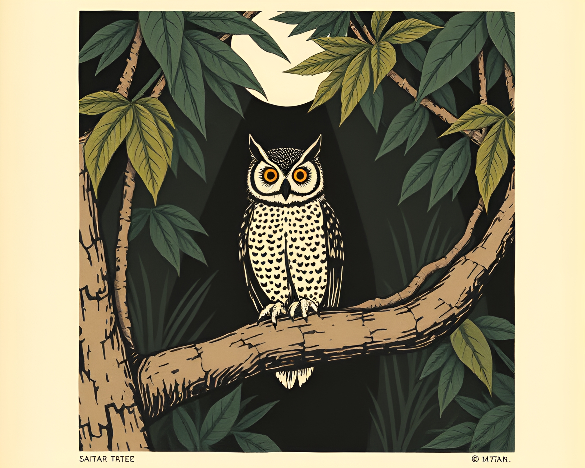 Owl in Jungle Canopy Woodblock Print – free AI stock image