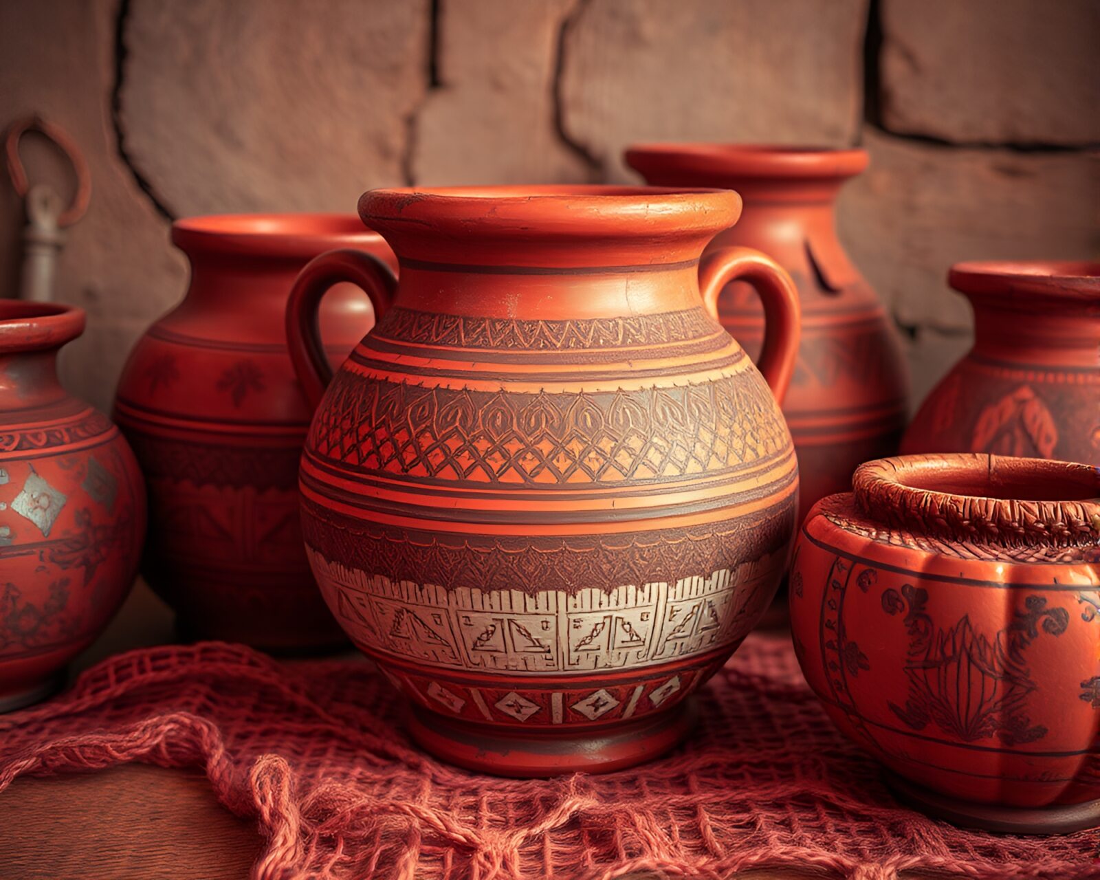 Mystical rustic pottery with intricate stitched patterns glowing in infrared light