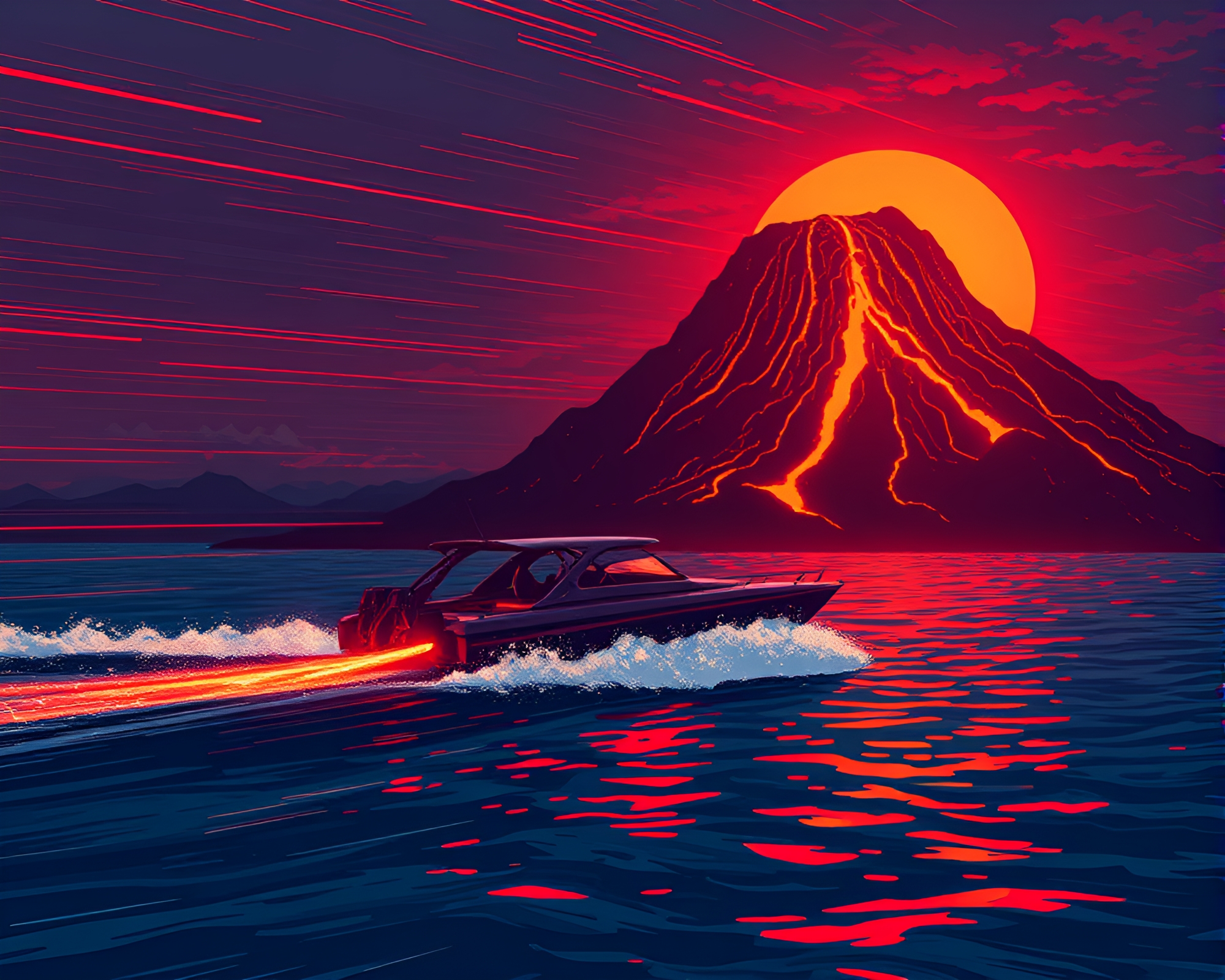 Retro Pixel Art Hydrofoil Boat Racing in Volcano Glow – free AI stock image