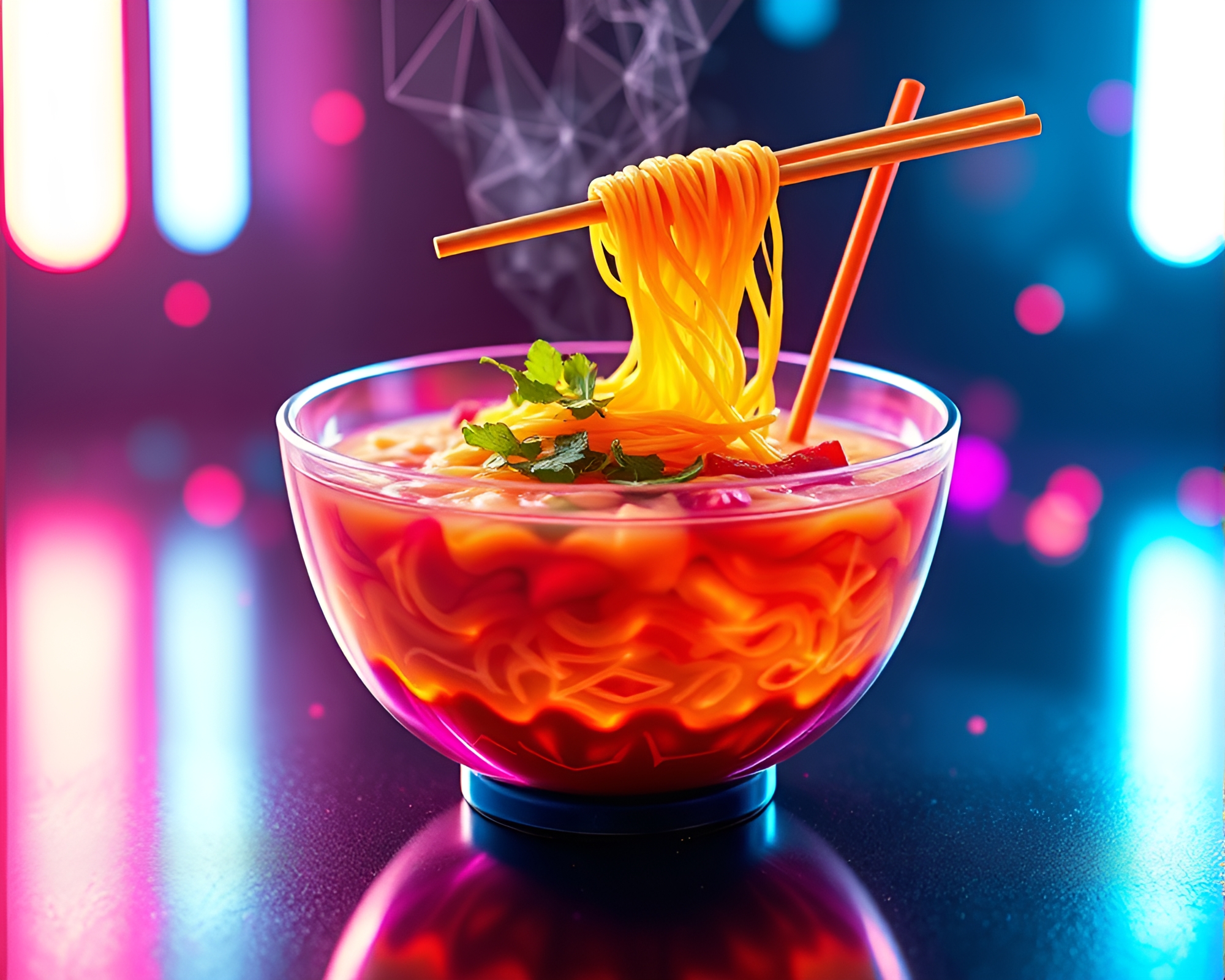 Neon Ramen Bowl in Wireframe Fractal Overlay – free AI stock image
